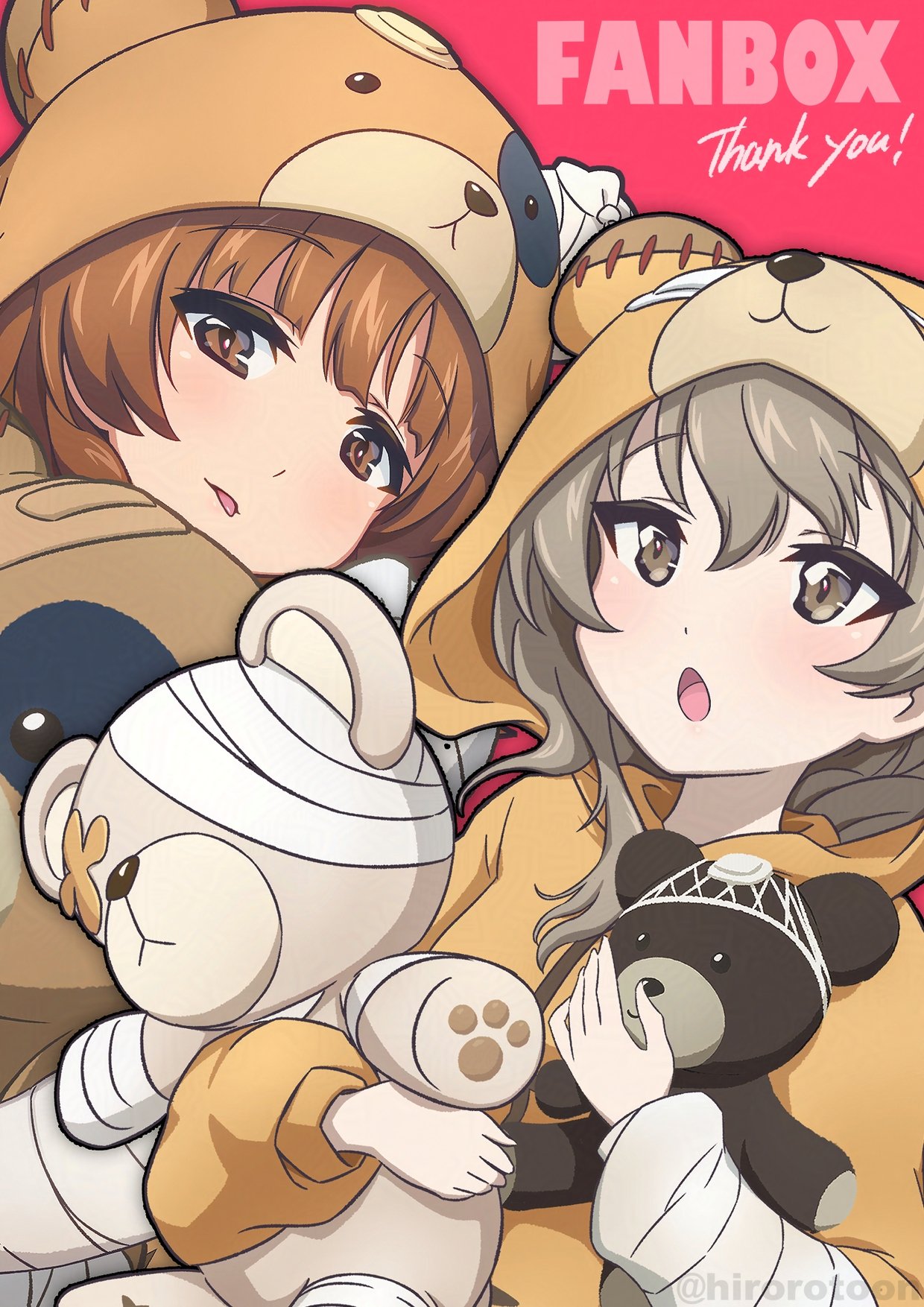 ehirorotoon, boko (girls und panzer), nishizumi miho, shimada arisu, girls und panzer, highres, 2girls, blush, boko (girls und panzer) (cosplay), brown eyes, brown hair, cosplay, grey eyes, grey hair, holding, long hair, looking at viewer, multiple girls, open mouth, red background, short hair, simple background, stuffed animal, stuffed toy, teddy bear, upper body