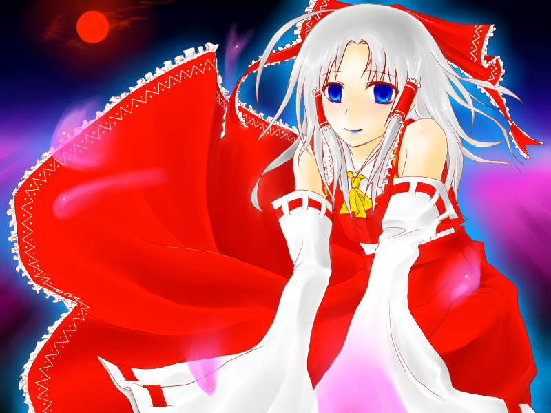 cecil harvey, hakurei reimu, dissidia final fantasy, final fantasy, final fantasy iv, touhou, silver hair, bad id, bad pixiv id, 1boy, blue eyes, blue lips, cosplay, detached sleeves, hair tubes, hakurei reimu (cosplay), japanese clothes, lipstick, makeup, male focus, miko, ribbon, solo, trap