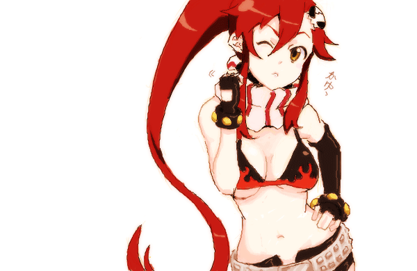 kazunari, yoko littner, tengen toppa gurren lagann, 00s, 1girl, belt, bikini, bikini top only, breasts, cleavage, female focus, fingerless gloves, gloves, hair ornament, large breasts, midriff, oekaki, ponytail, red hair, scarf, sidelocks, solo, swimsuit