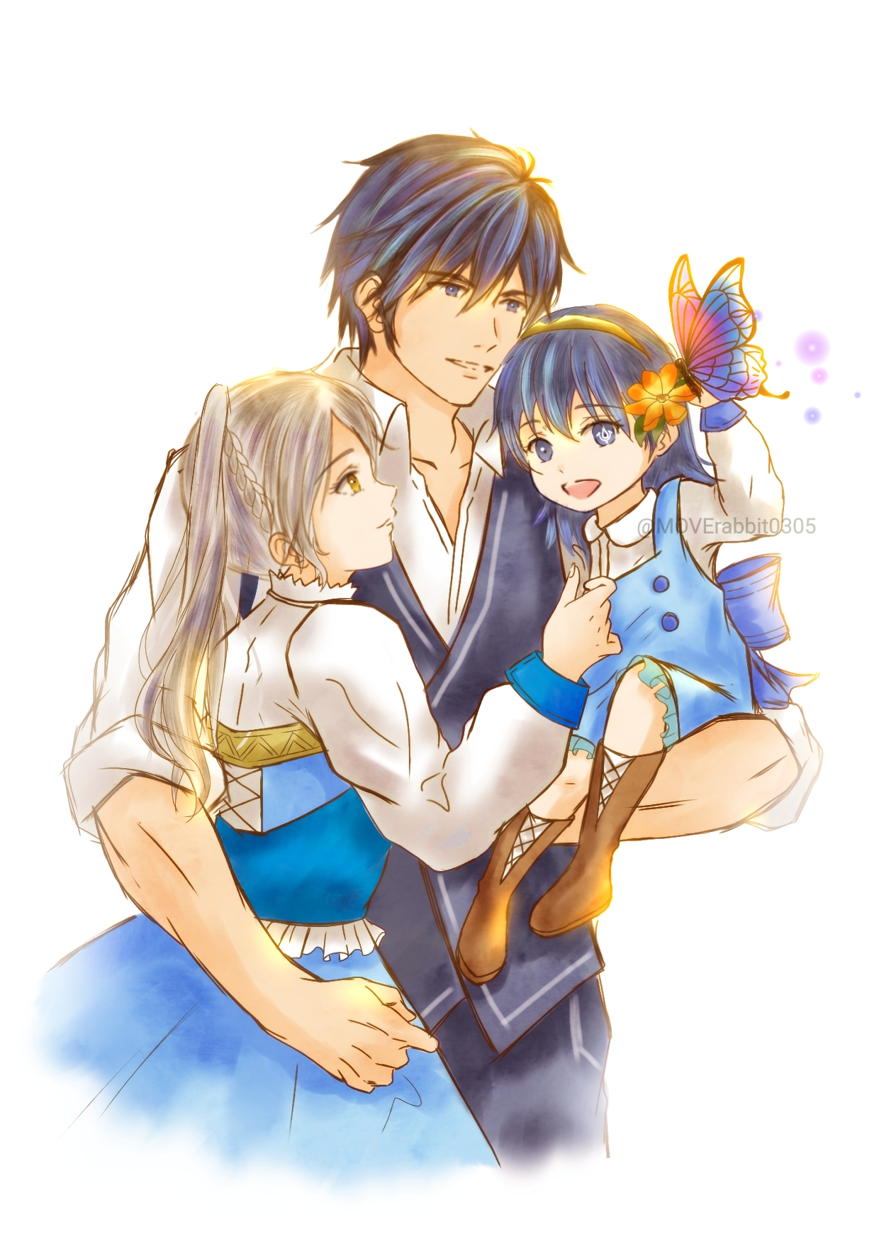 moverabbit0305, chrom (fire emblem), female robin (fire emblem), lucina (fire emblem), fire emblem, fire emblem awakening, intelligent systems, highres, 1boy, 2girls, aged down, ahoge, blue eyes, blue hair, boots, breasts, bug, butterfly, carrying, carrying person, eyelashes, family, father and daughter, flat chest, flower, full body, hair flower, hair ornament, hand up, happy, husband and wife, insect, knee boots, long hair, looking at another, medium breasts, mother and daughter, multiple girls, open mouth, short hair, sidelocks, standing, swept bangs, tiara, toned, toned male, twintails, white hair