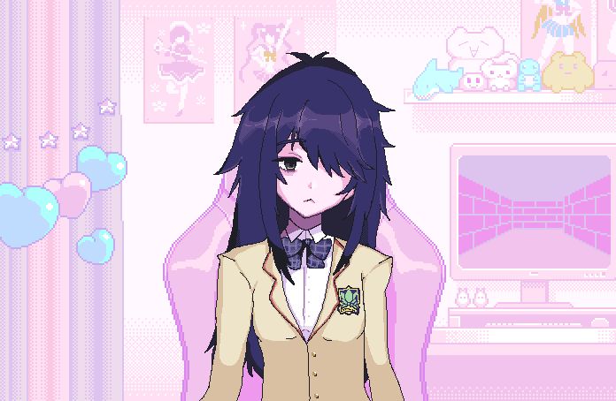 ame-chan (needy girl overdose), nishijou takumi, chaos;head, needy girl overdose, science adventure, commentary, english commentary, self-upload, 1girl, bags under eyes, covering one eye, hair over one eye, kuurikona, school uniform, solo