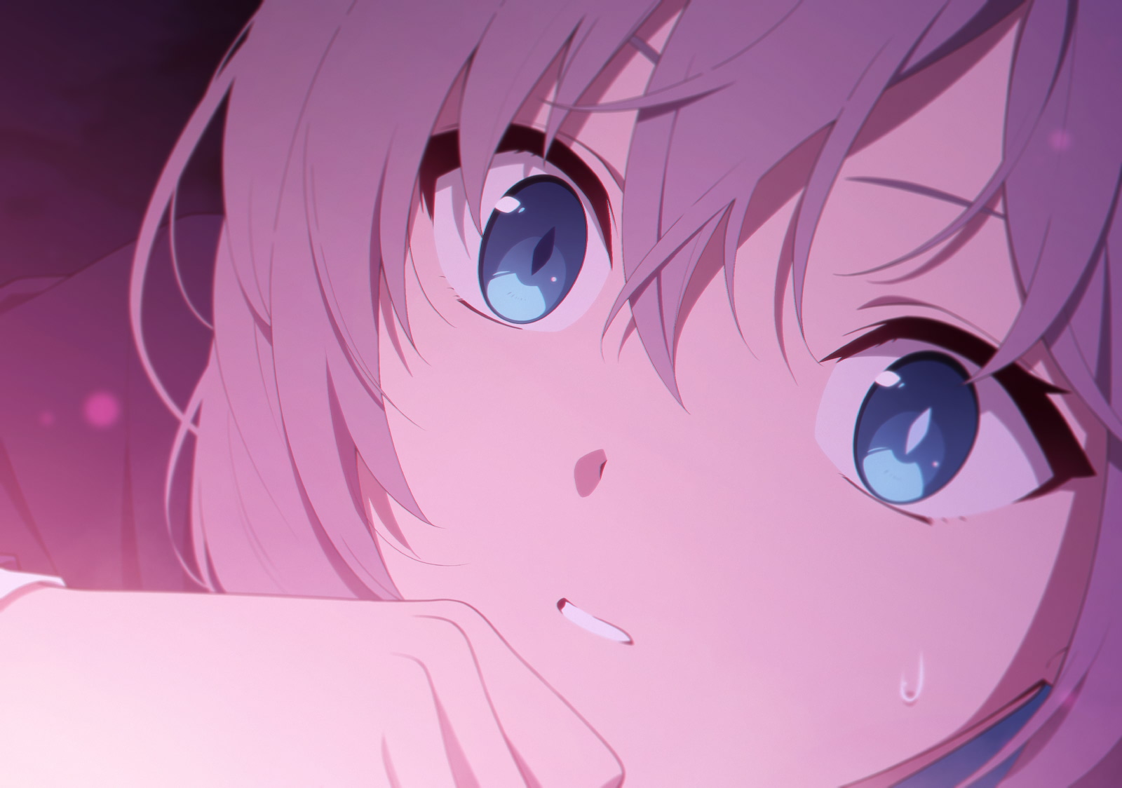 shiroko (blue archive), blue archive, artist request, game cg, highres, non-web source, official art, spoilers, 1girl, blue eyes, blue jacket, blue scarf, bright pupils, clenched hand, close-up, constricted pupils, grey hair, hair between eyes, hair intakes, hand on own cheek, hand on own face, jacket, looking up, medium hair, multicolored eyes, open mouth, scarf, shirt, sleeves past wrists, sweat, teeth, two-tone eyes, upper teeth only, v-shaped eyebrows, white shirt