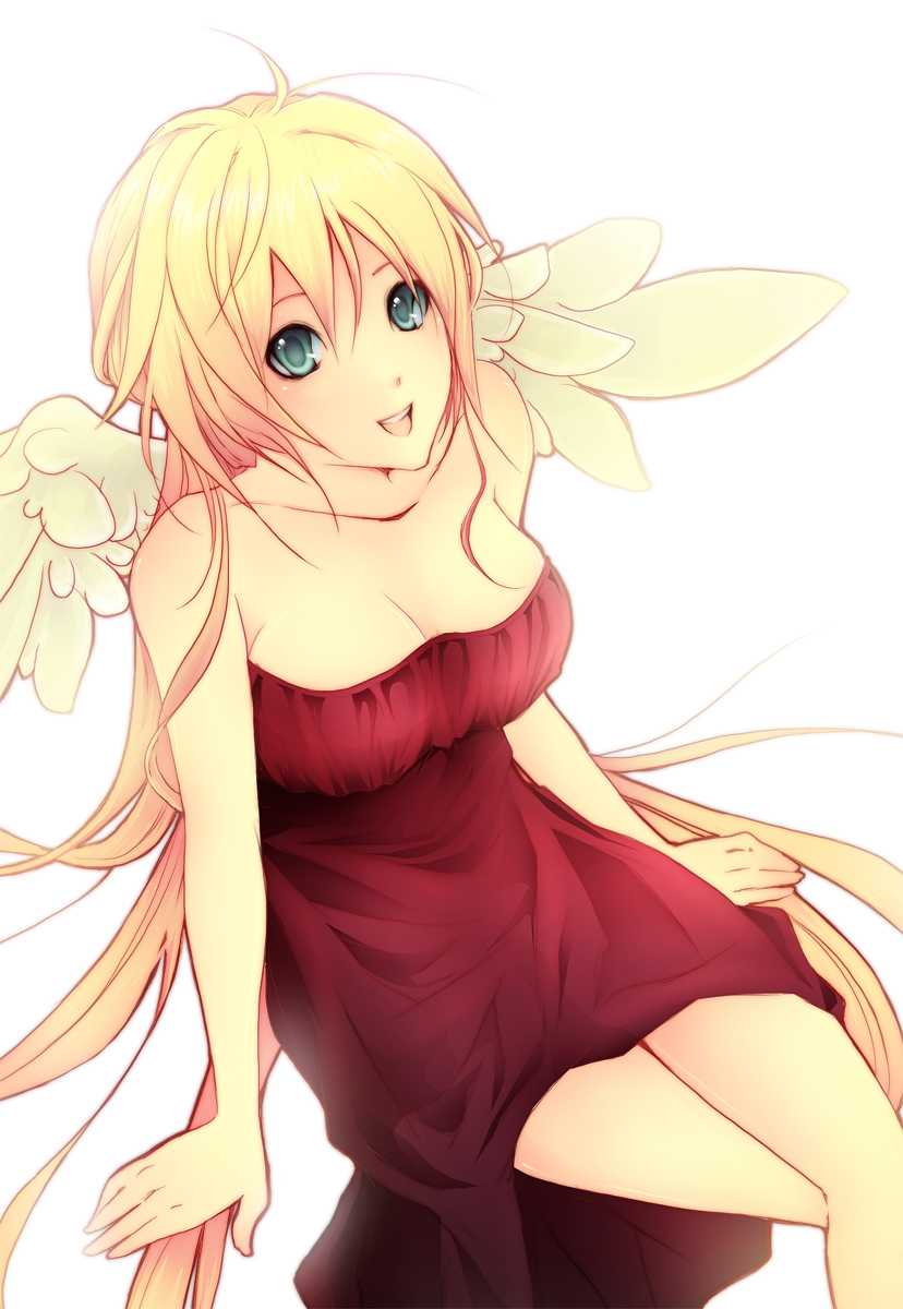 nyaroro, original, bad id, bad pixiv id, character request, highres, 1girl, angel wings, aqua eyes, bare shoulders, blonde hair, breasts, cleavage, dress, female focus, large breasts, long hair, red dress, sitting, smile, solo, strapless, strapless dress, very long hair, wings