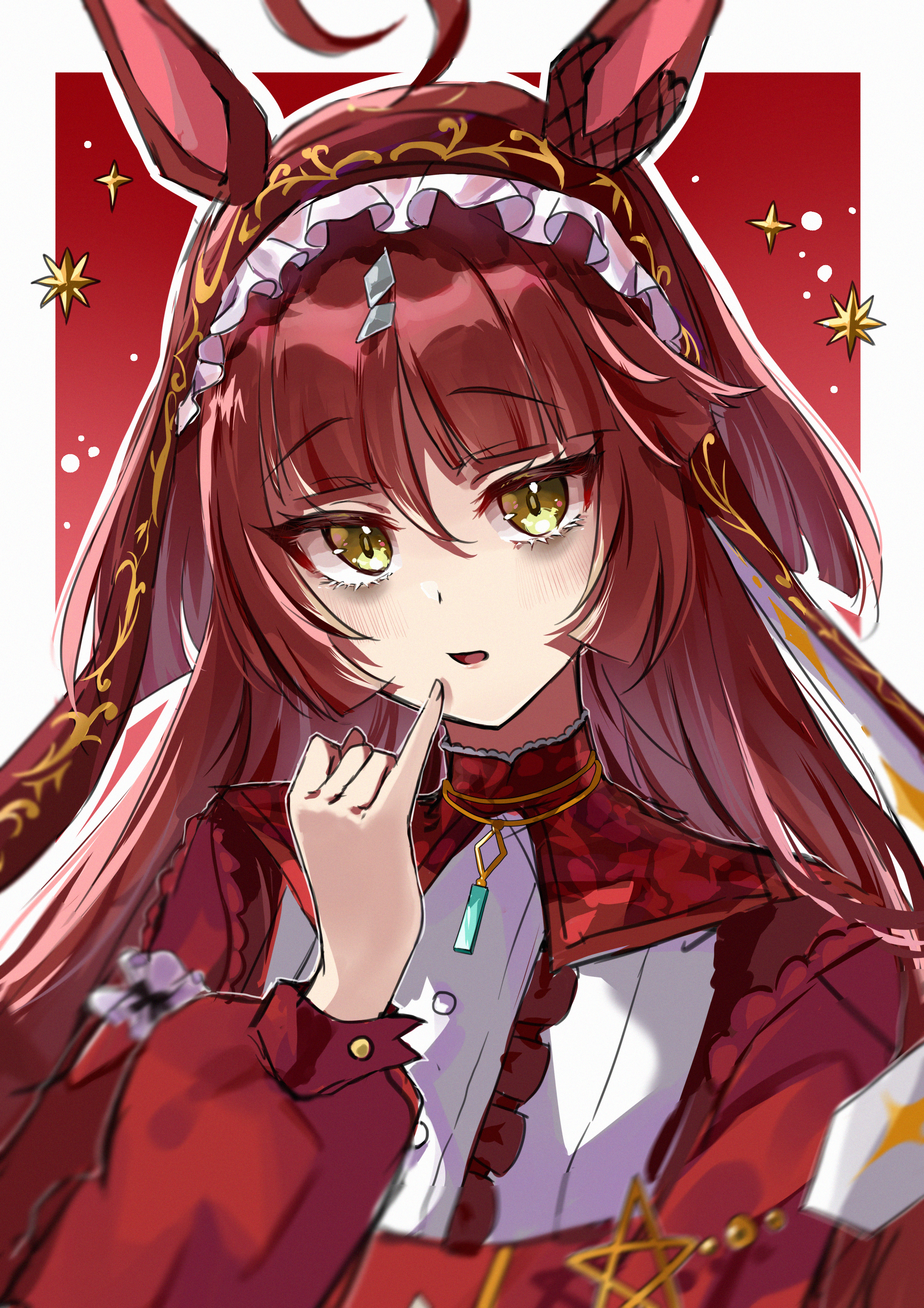 morizu929, red desire (umamusume), umamusume, absurdres, commentary request, highres, 1girl, ahoge, animal ears, blunt bangs, brown hair, hairband, horse ears, horse girl, jewelry, long hair, looking at viewer, necklace, open mouth, portrait, simple background, solo, yellow eyes