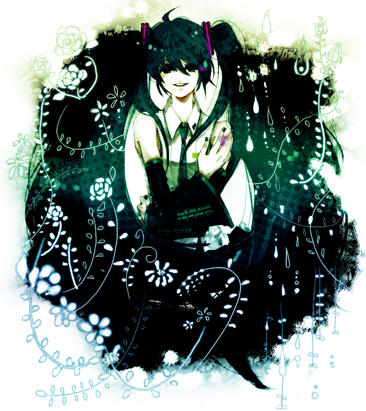 akiakane, hatsune miku, vocaloid, highres, detached sleeves, flower, hug, leaf, long hair, necktie, solo, twintails, very long hair