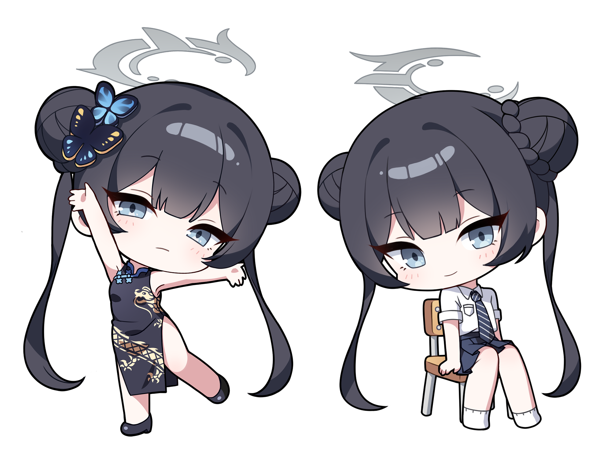 pudding (skymint 028), kisaki (blue archive), kisaki (school uniform) (blue archive), blue archive, highres, 1girl, arms up, black dress, black hair, black necktie, black shoes, black skirt, butterfly hair ornament, chair, chibi, chibi only, china dress, chinese clothes, closed mouth, diagonal-striped clothes, diagonal-striped necktie, double bun, dress, grey eyes, grey halo, hair bun, hair ornament, halo, long hair, looking at viewer, multiple views, necktie, official alternate costume, on chair, shirt, shoes, simple background, sitting, skirt, sleeveless, sleeveless dress, smile, socks, standing, striped clothes, very long hair, white background, white shirt, white socks