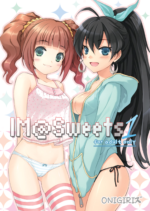 cuteg, ganaha hibiki, takatsuki yayoi, idolmaster, idolmaster (classic), idolmaster 1, striped legwear, bad id, bad pixiv id, 00s, 2girls, :3, :d, blush, bow, bow panties, breasts, camisole, earrings, fang, hand in pocket, hood, hoodie, jewelry, midriff, multiple girls, navel, no bra, no pants, open clothes, open mouth, open shirt, panties, shirt, side-tie panties, smile, striped clothes, striped panties, striped thighhighs, thighhighs, twintails, underwear, wide ponytail