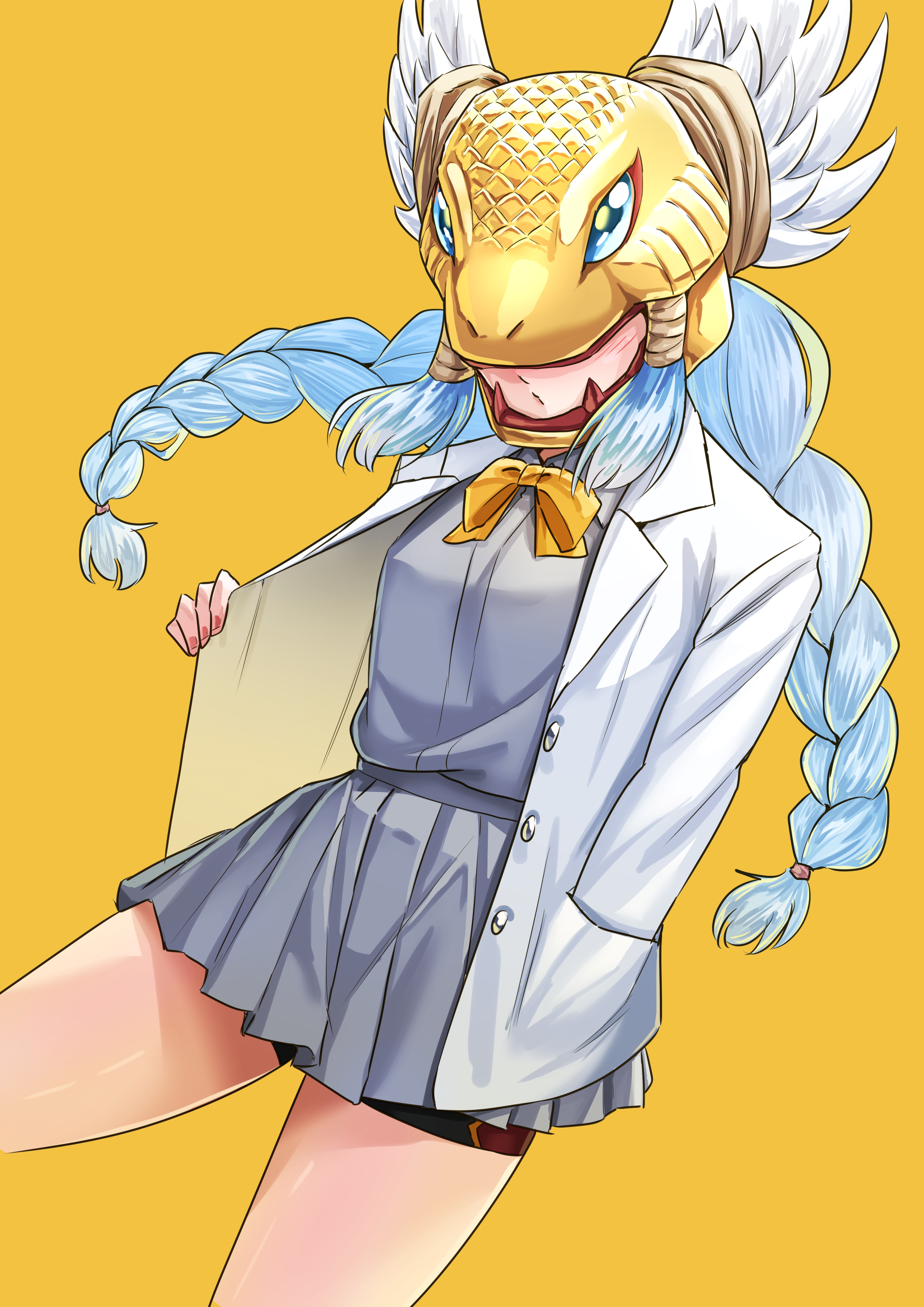 hasegawa (hase popopo), minervamon, digimon, digimon story: time stranger, absurdres, commentary request, highres, 1girl, alternate costume, bike shorts, bike shorts under skirt, blue hair, bow, bowtie, braid, breasts, collared shirt, covered eyes, cowboy shot, digimon (creature), floating hair, gold helmet, grey shirt, grey skirt, hair ribbon, hand in pocket, helmet, helmet over eyes, jacket, light blush, long hair, long sleeves, medium breasts, miniskirt, open clothes, open jacket, parted lips, pleated skirt, red nails, ribbon, school uniform, shirt, skirt, solo, standing, tress ribbon, twin braids, very long hair, white jacket, winged helmet, yellow background, yellow bow, yellow bowtie