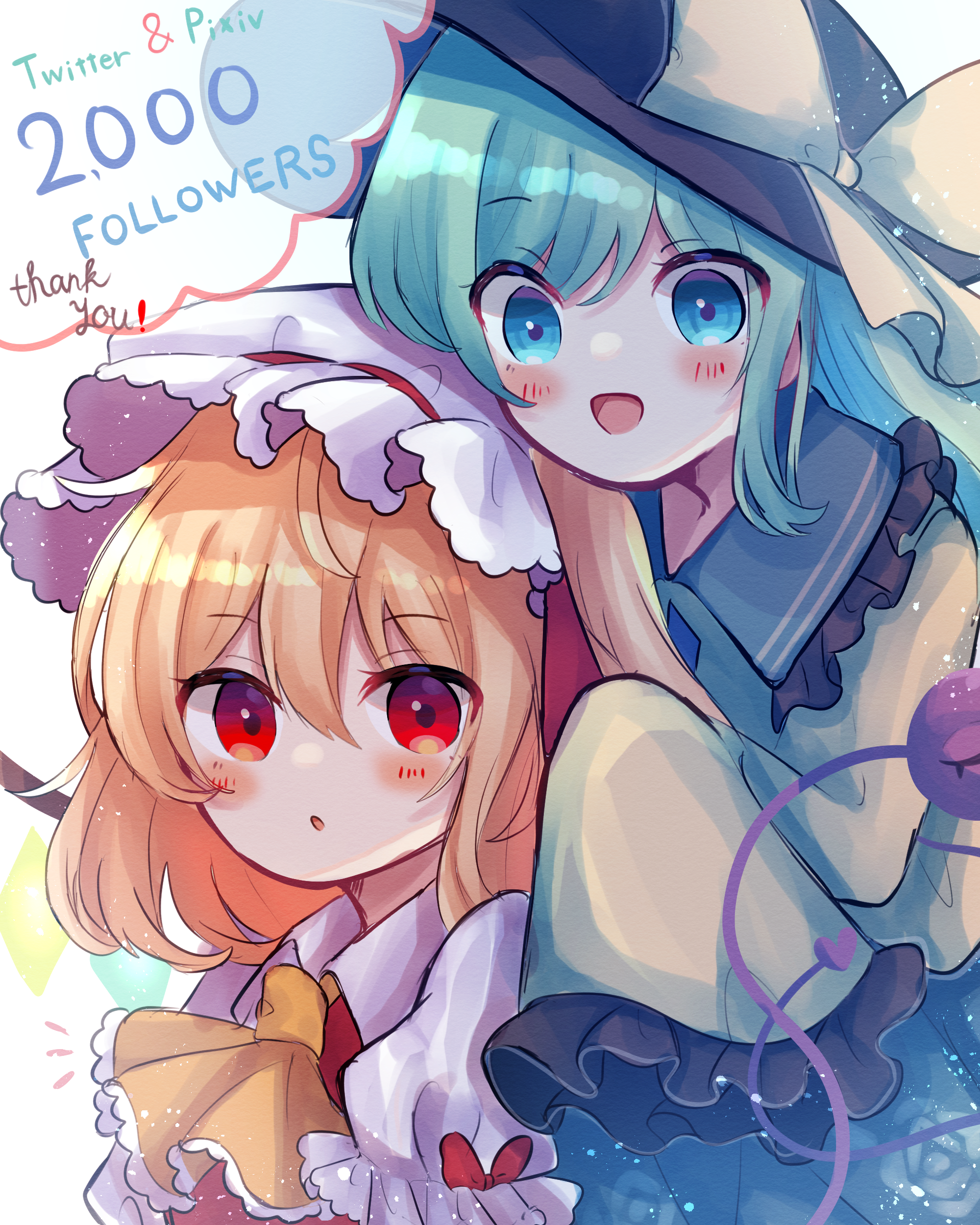 dorowa (drawerslove), flandre scarlet, komeiji koishi, touhou, absurdres, commentary, highres, 2girls, :d, :o, ascot, black hat, blonde hair, blush, bow, contrast collar, crystal wings, english text, frilled ascot, frilled hat, frilled sailor collar, frilled sleeves, frills, green eyes, green hair, green sailor collar, hair between eyes, hat, hat bow, looking at another, looking at viewer, milestone celebration, multiple girls, open mouth, puffy short sleeves, puffy sleeves, red eyes, red vest, sailor collar, shirt, short sleeves, sleeves past fingers, sleeves past wrists, smile, thank you, third eye, vest, white hat, white shirt, wings, yellow ascot, yellow bow, yellow shirt