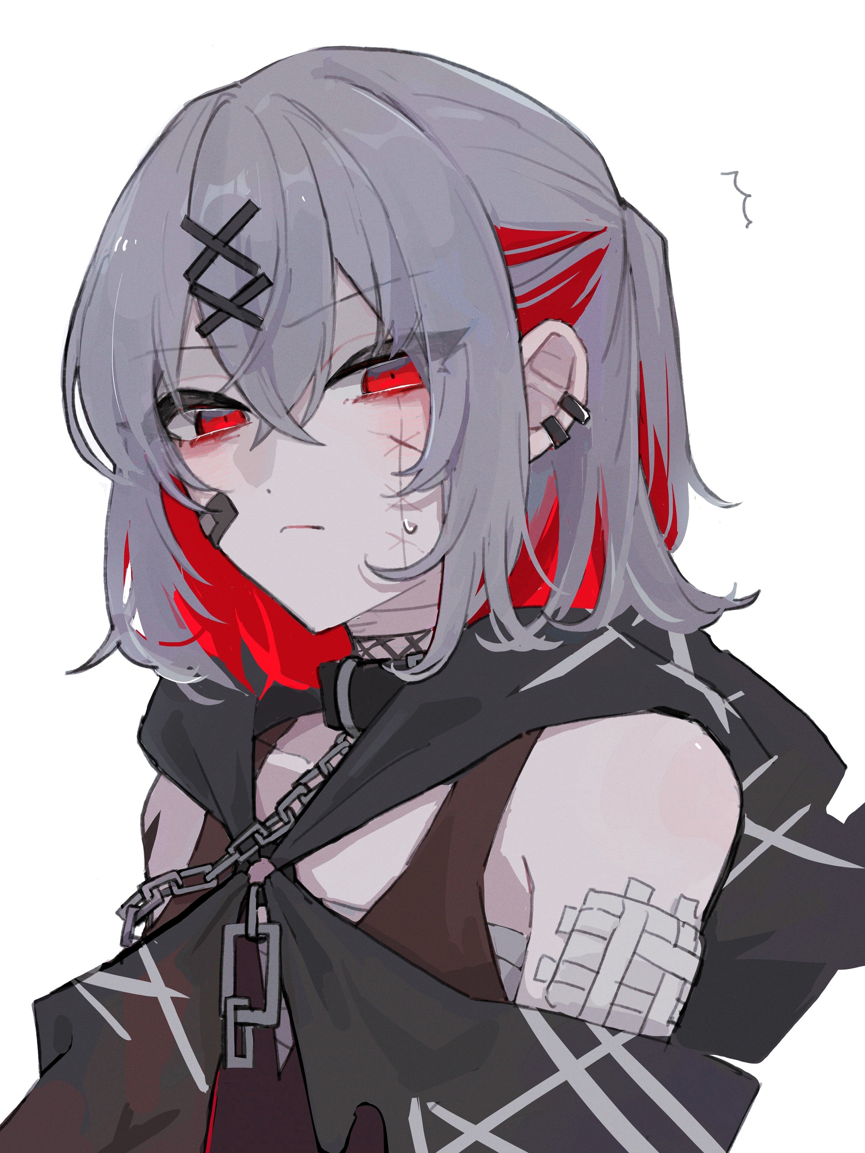 shito alisa, mahou shoujo no majo saiban, absurdres, highres, 1girl, bandaid, bandaid on cheek, bandaid on face, bare shoulders, black collar, chain, closed mouth, collar, colored inner hair, grey hair, hair between eyes, hair ornament, hairclip, looking at viewer, minao omina, multicolored hair, red eyes, red hair, short hair, simple background, solo, streaked hair, upper body, white background, x hair ornament