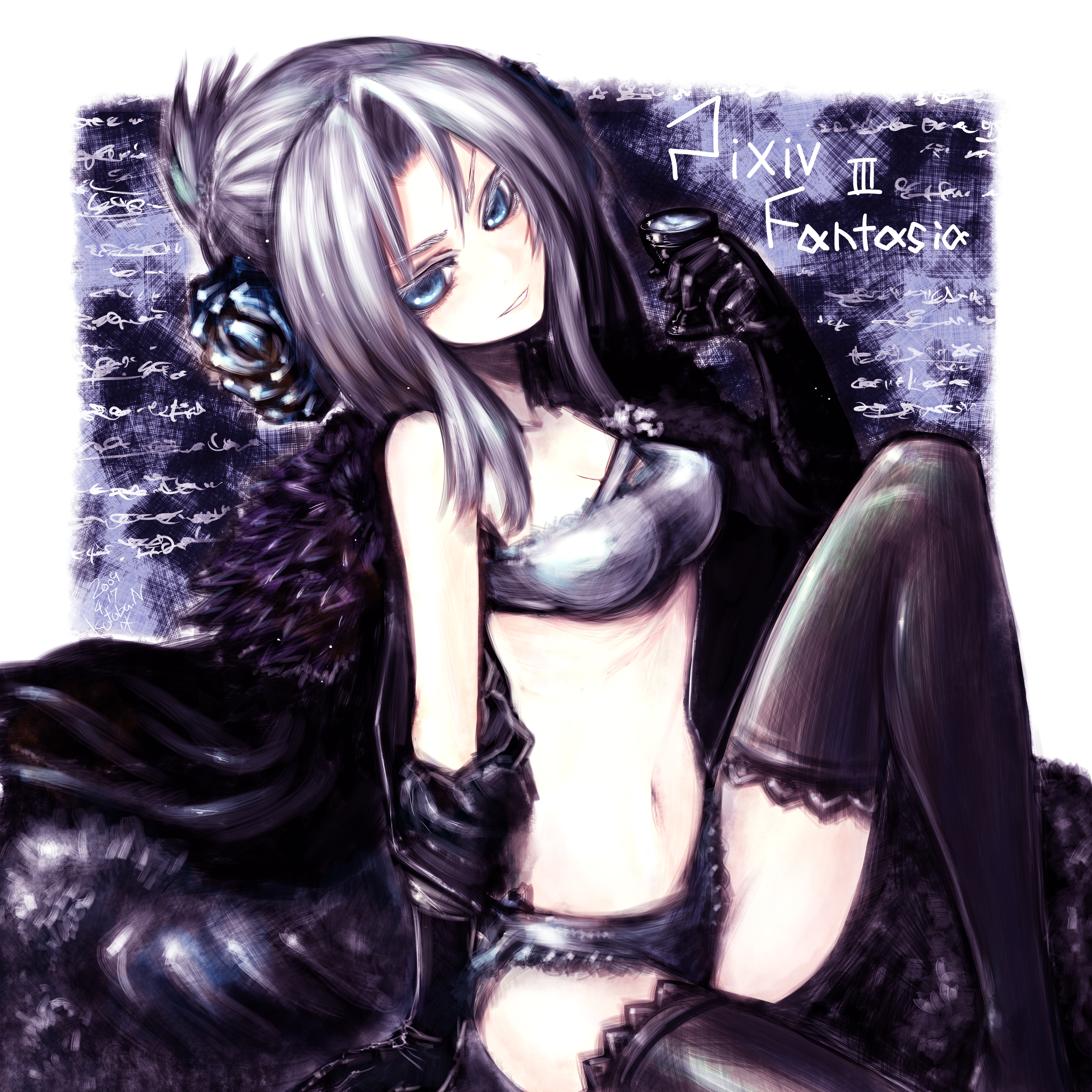 kotoba noriaki, elaine (pixiv fantasia), pixiv fantasia, pixiv fantasia 3, silver hair, absurdres, highres, 1girl, bare shoulders, blue eyes, blue flower, blue rose, copyright name, female focus, flower, gigandal federation, gloves, hair flower, hair ornament, long hair, narrow waist, rose, smile, solo, thighhighs