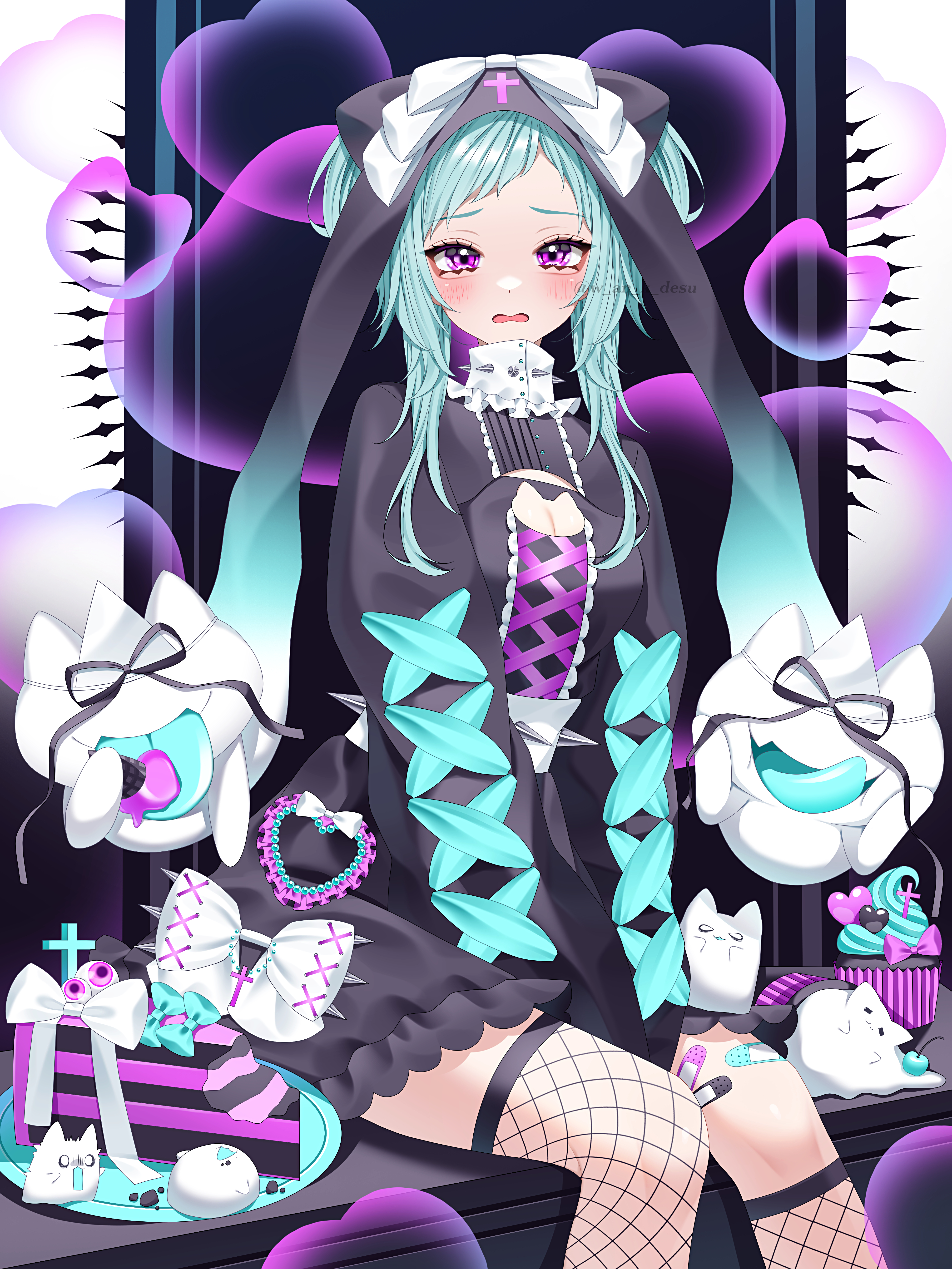 wanko (yurika0320), original, absurdres, commentary, highres, symbol-only commentary, 1girl, aqua hair, artist name, black dress, blush, bow, breasts, bubble, cake, cake slice, cat cutout, cherry, cleavage, cleavage cutout, clothing cutout, collar, cross, cross hat ornament, cupcake, dress, fishnet thighhighs, fishnets, food, frilled collar, frilled skirt, frills, fruit, ghost, hand between thighs, hat, hat bow, heart, lace, lace-trimmed dress, lace trim, long sleeves, looking at viewer, medium breasts, medium hair, open mouth, peanut mouth, plate, purple eyes, short bangs, sitting, skirt, solo, spiked bow, spiked collar, spiked dress, spikes, thighhighs, white bow, white collar