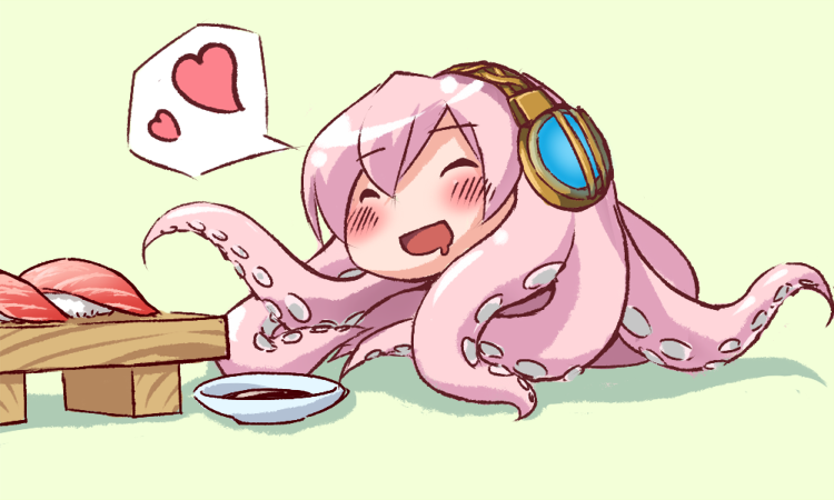 hakkaku shikimi, megurine luka, takoluka, vocaloid, blush, drooling, fish (food), food, headphones, heart, mamezara, nigirizushi, no humans, octopus, pink hair, plate, saliva, soy sauce, sushi, sushi geta