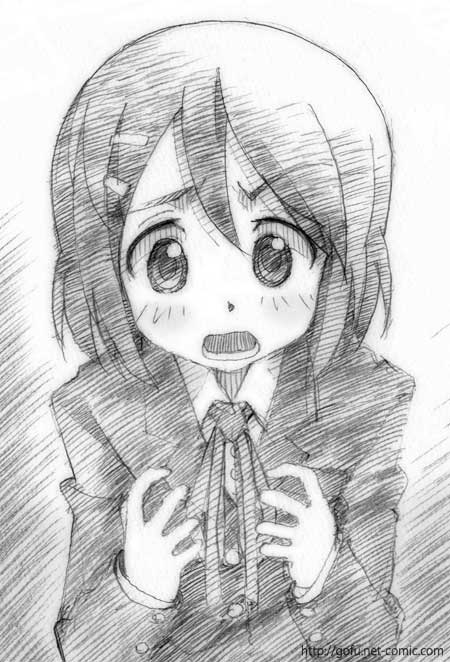 gofu, hirasawa yui, k-on!, traditional media, 00s, 1girl, female focus, greyscale, monochrome, school uniform, short hair, sketch, solo