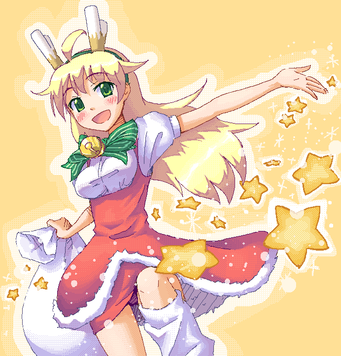hakkaku shikimi, hoshii miki, idolmaster, idolmaster (classic), 00s, 1girl, ahoge, antlers, bag, bell, blonde hair, blush, bow, bowtie, christmas, dithering, female focus, green eyes, horns, oekaki, pixel art, reindeer, sack, santa costume, smile, solo, star (symbol)