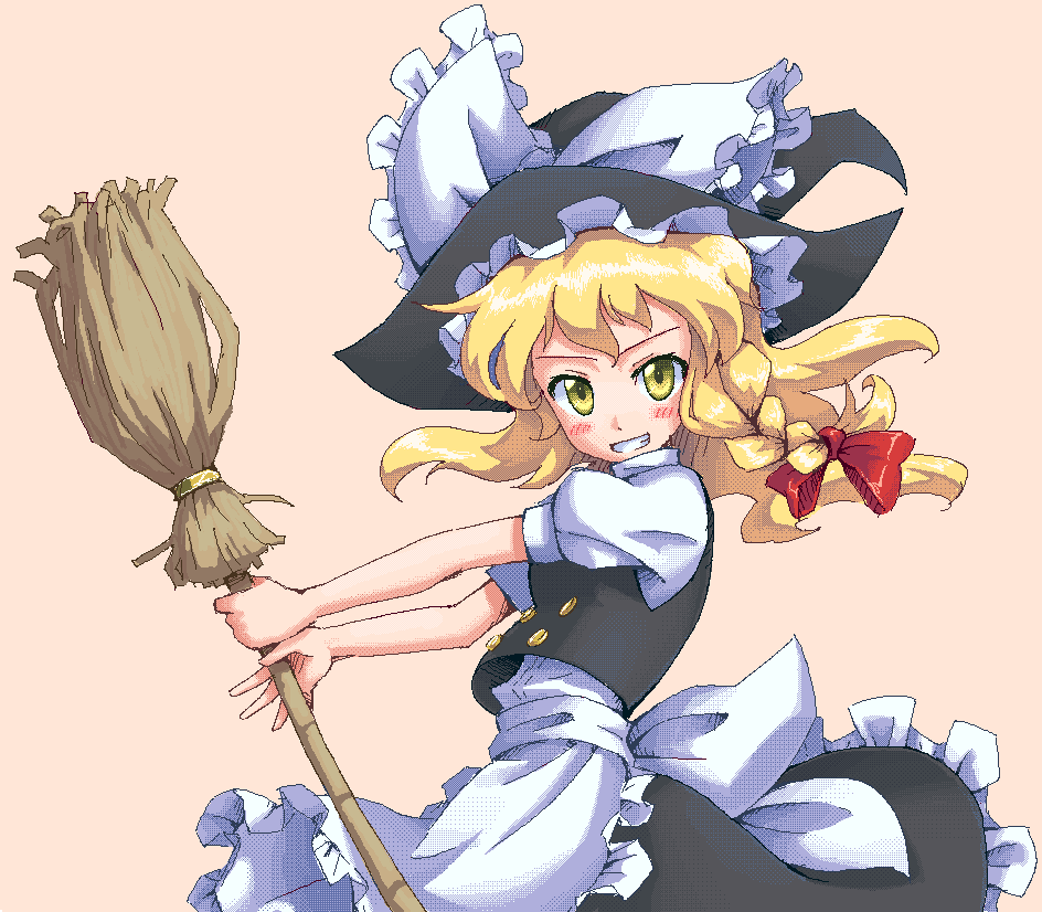 hakkaku shikimi, kirisame marisa, touhou, 1girl, blonde hair, blush, broom, dithering, dress, female focus, hat, oekaki, pixel art, ribbon, simple background, smile, solo, witch, witch hat, yellow eyes