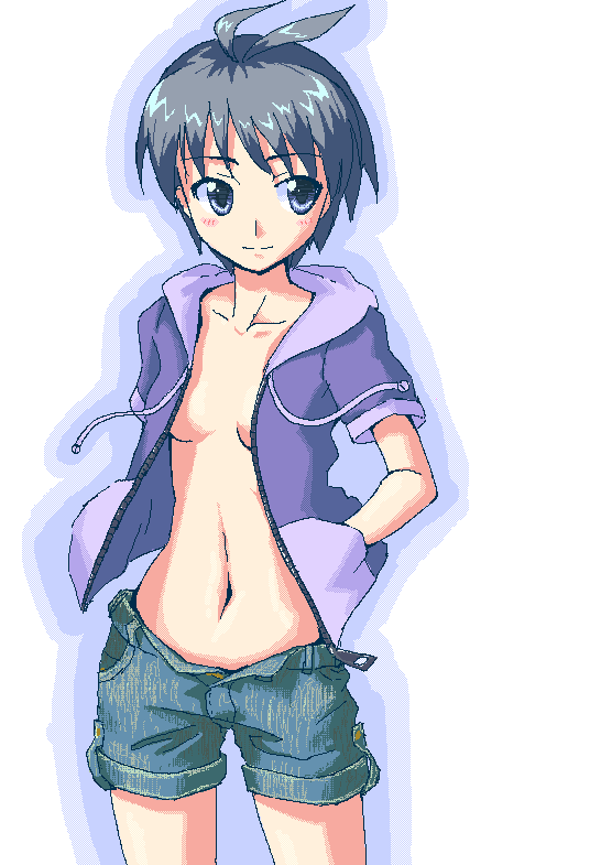 hakkaku shikimi, kikuchi makoto, idolmaster, idolmaster (classic), idolmaster 1, 00s, 1girl, ahoge, antenna hair, black hair, blue eyes, blush, breasts, collarbone, dithering, female focus, hands in pockets, hood, hoodie, jacket, navel, no bra, oekaki, open clothes, open hoodie, open jacket, pixel art, short hair, shorts, small breasts, smile, solo, tomboy