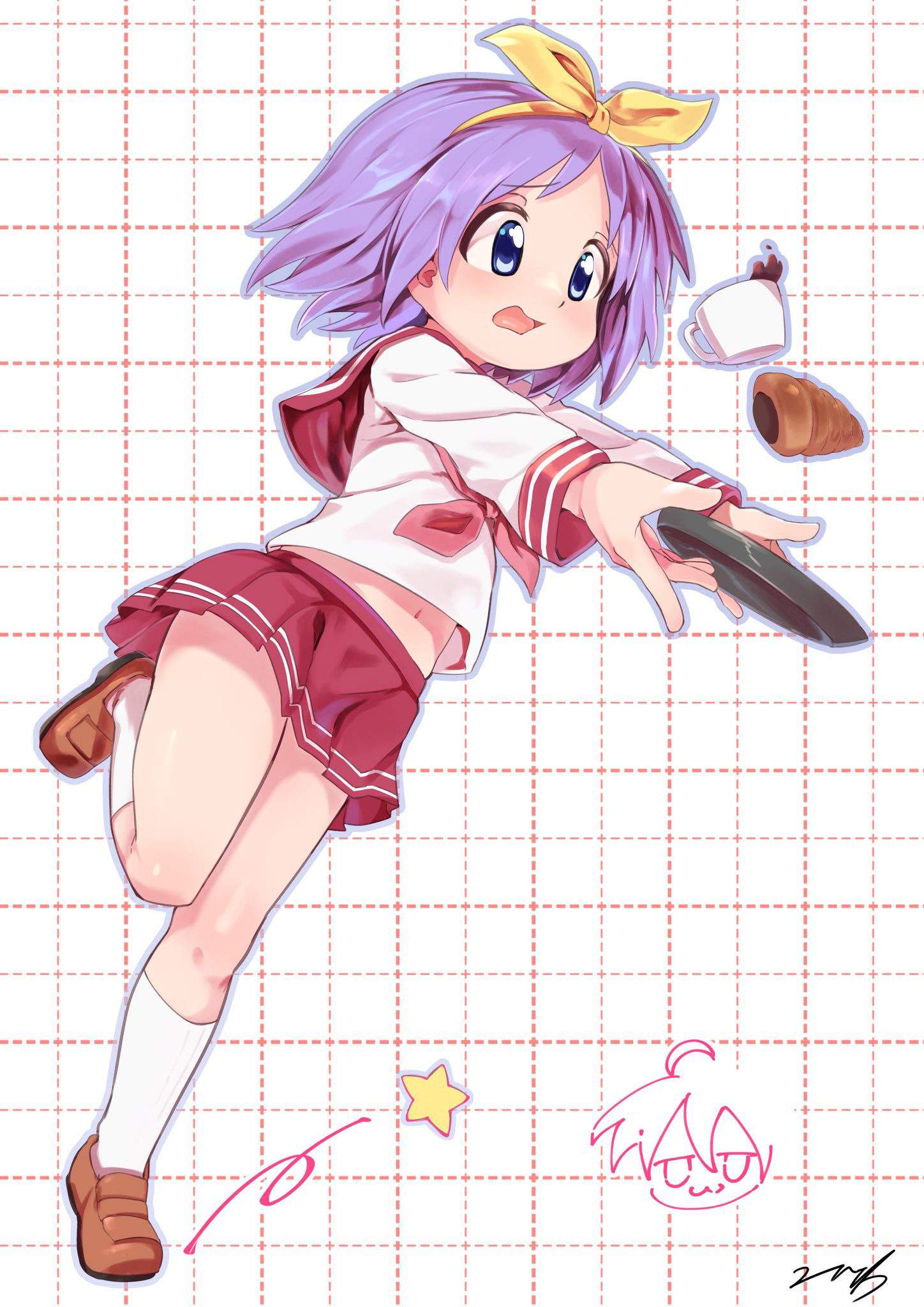 aq gohan, hiiragi tsukasa, lucky star, commentary request, highres, 1girl, blue eyes, bow, bow hairband, brown shoes, croissant, cup, food, full body, grid background, hairband, leg up, loafers, long sleeves, looking at object, medium hair, midriff peek, miniskirt, navel, neckerchief, open mouth, outline, outstretched arms, plate, pleated skirt, purple hair, red neckerchief, red sailor collar, red skirt, ryouou school uniform, sailor collar, school uniform, serafuku, shirt, shoes, skirt, socks, solo, star (symbol), teacup, tripping, white background, white shirt, white socks, yellow bow, yellow hairband