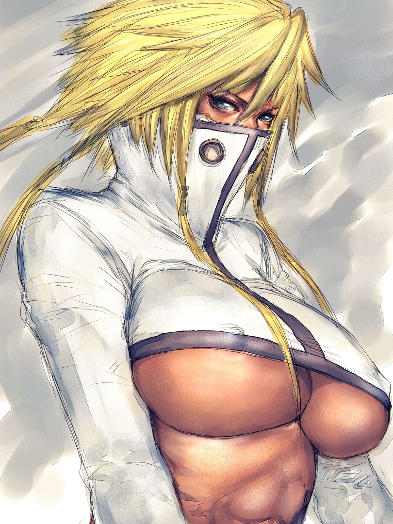 fumio (rsqkr), tier harribel, bleach, 00s, 1girl, abs, arrancar, blonde hair, blue eyes, breasts, dark-skinned female, dark skin, female focus, hollow (bleach), huge breasts, large breasts, number tattoo, revealing clothes, solo, tattoo, underboob