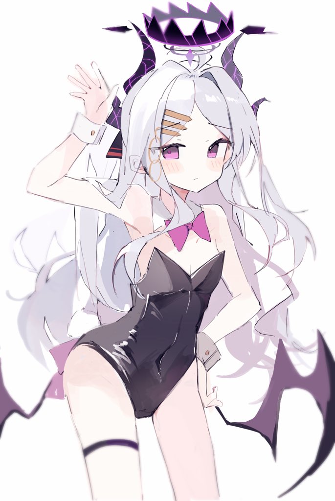 kiri y, hina (blue archive), blue archive, 1girl, blush, closed mouth, halo, horns, looking at viewer, simple background, solo, white background, white hair
