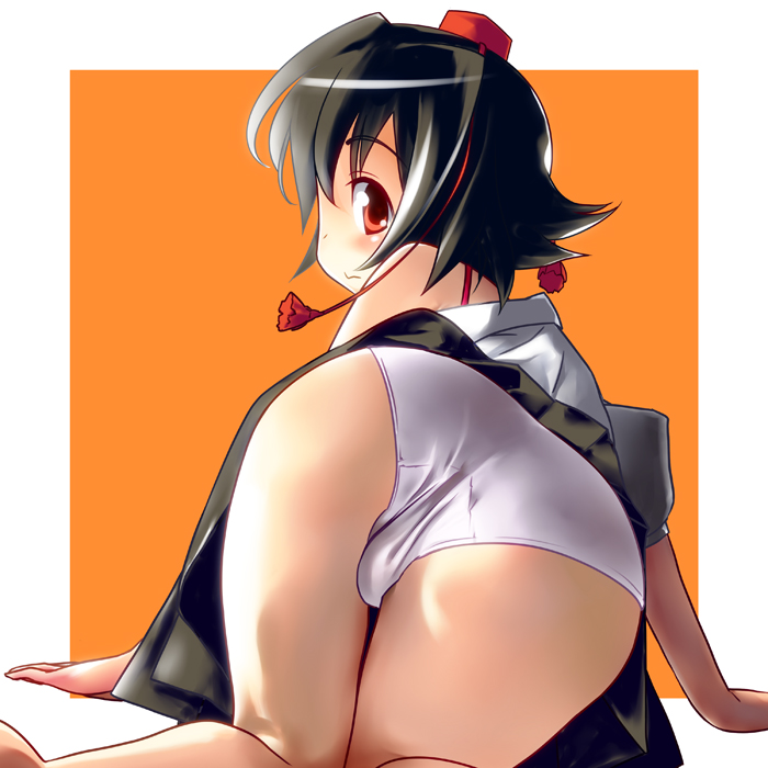 mahan (clock hearts), shameimaru aya, touhou, bad id, bad pixiv id, derivative work, duplicate, 1girl, all fours, arm support, ass, barefoot, bent over, black hair, female focus, hat, looking at viewer, looking back, panties, red eyes, short hair, skirt, solo, thigh gap, thighs, underwear, white panties