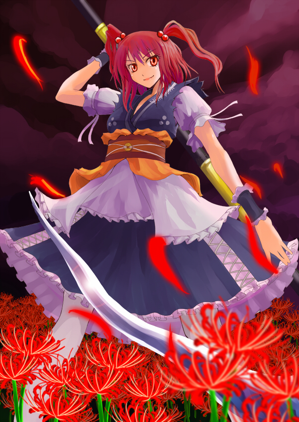 inte, onozuka komachi, touhou, 1girl, cloud, female focus, flower, hair bobbles, hair ornament, outdoors, red eyes, red flower, red hair, scythe, short hair, sky, solo, spider lily, standing, twintails, two side up
