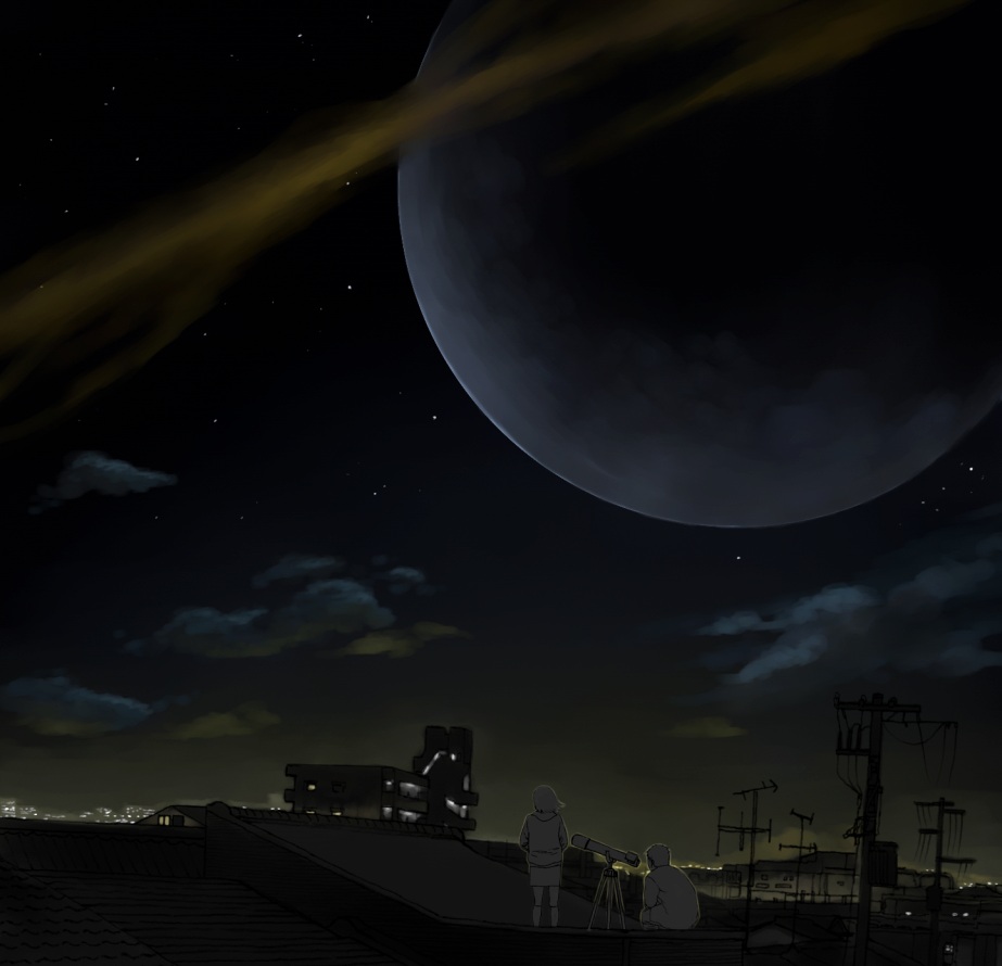 shiira, original, bad id, bad pixiv id, 1boy, 1girl, cityscape, cloud, couple, dark, hetero, moon, scenery, sky, star (sky), star (symbol), starry sky, telescope