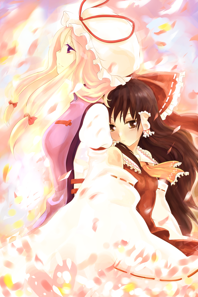atoki, hakurei reimu, yakumo yukari, touhou, 2girls, blonde hair, brown eyes, brown hair, female focus, hair ribbon, hat, japanese clothes, miko, multiple girls, purple eyes, ribbon