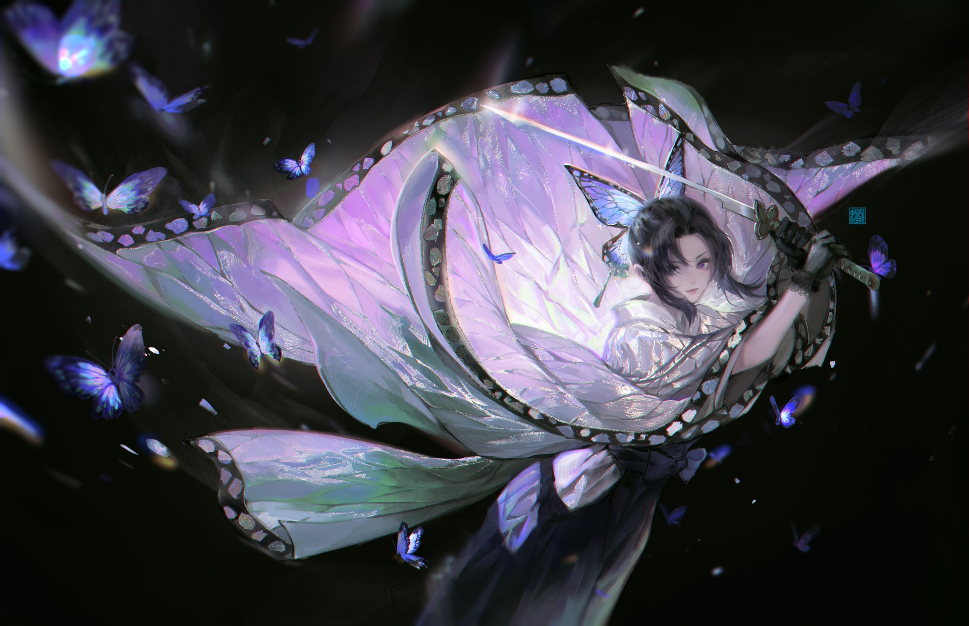 sasora, kochou shinobu, kimetsu no yaiba, highres, 1girl, black background, black gloves, black pants, bug, butterfly, butterfly hair ornament, demon slayer uniform, falling petals, glint, gloves, hair ornament, holding, holding sword, holding weapon, insect, jacket, long sleeves, pants, petals, ponytail, purple eyes, short hair with long locks, smile, solo, sword, upper body, watermark, weapon, white jacket, wind