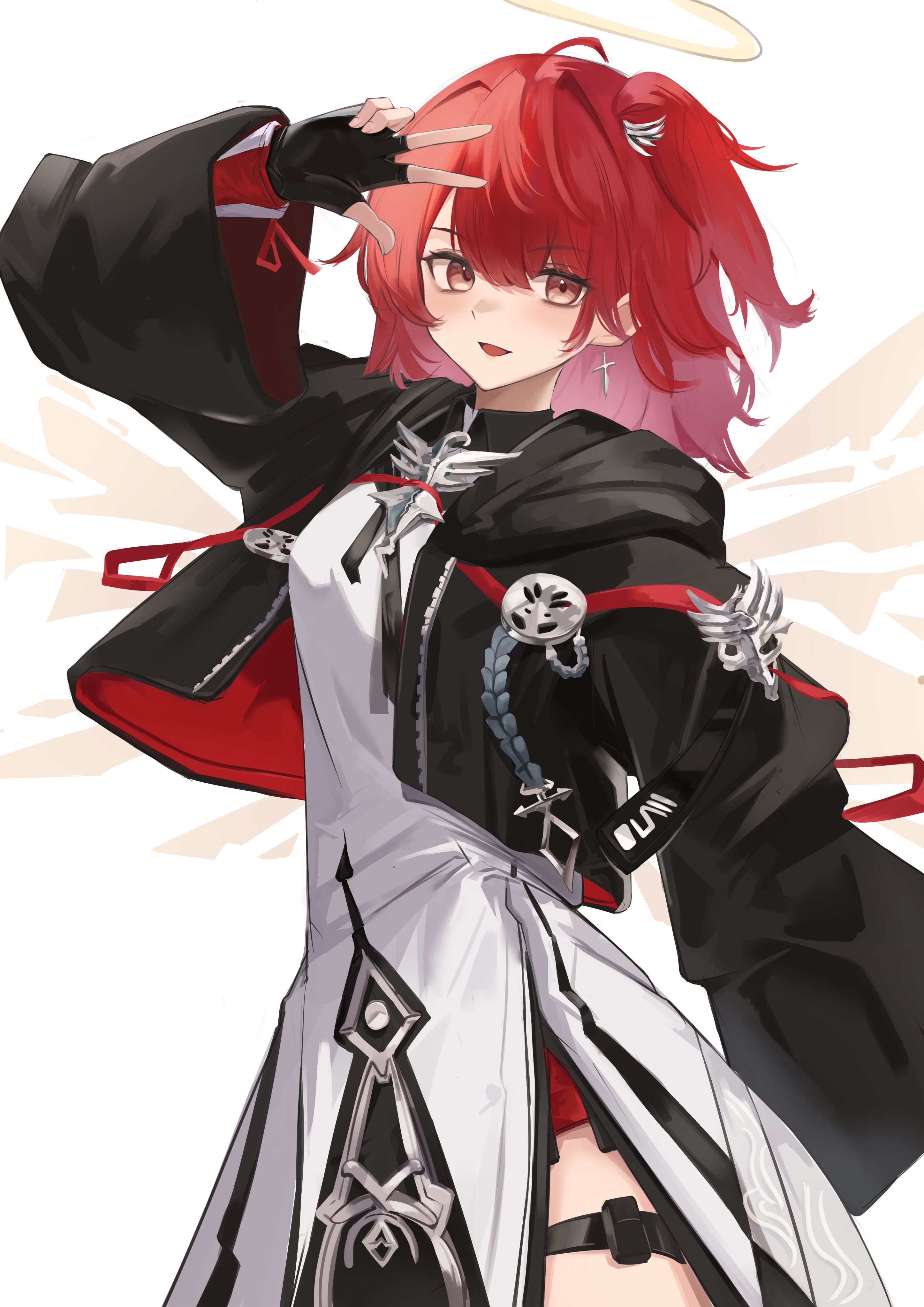 remapack77, exusiai (arknights), exusiai the new covenant (arknights), arknights, absurdres, commentary, highres, 1girl, ahoge, arm up, black gloves, black jacket, brown eyes, cowboy shot, cross, cross earrings, detached wings, dress, earrings, fingerless gloves, gloves, hair between eyes, halo, hood, hood down, hooded jacket, jacket, jewelry, latin cross, long sleeves, medium hair, open mouth, red hair, simple background, smile, solo, standing, thigh strap, traditional halo, w, white background, white dress, wings, yellow halo