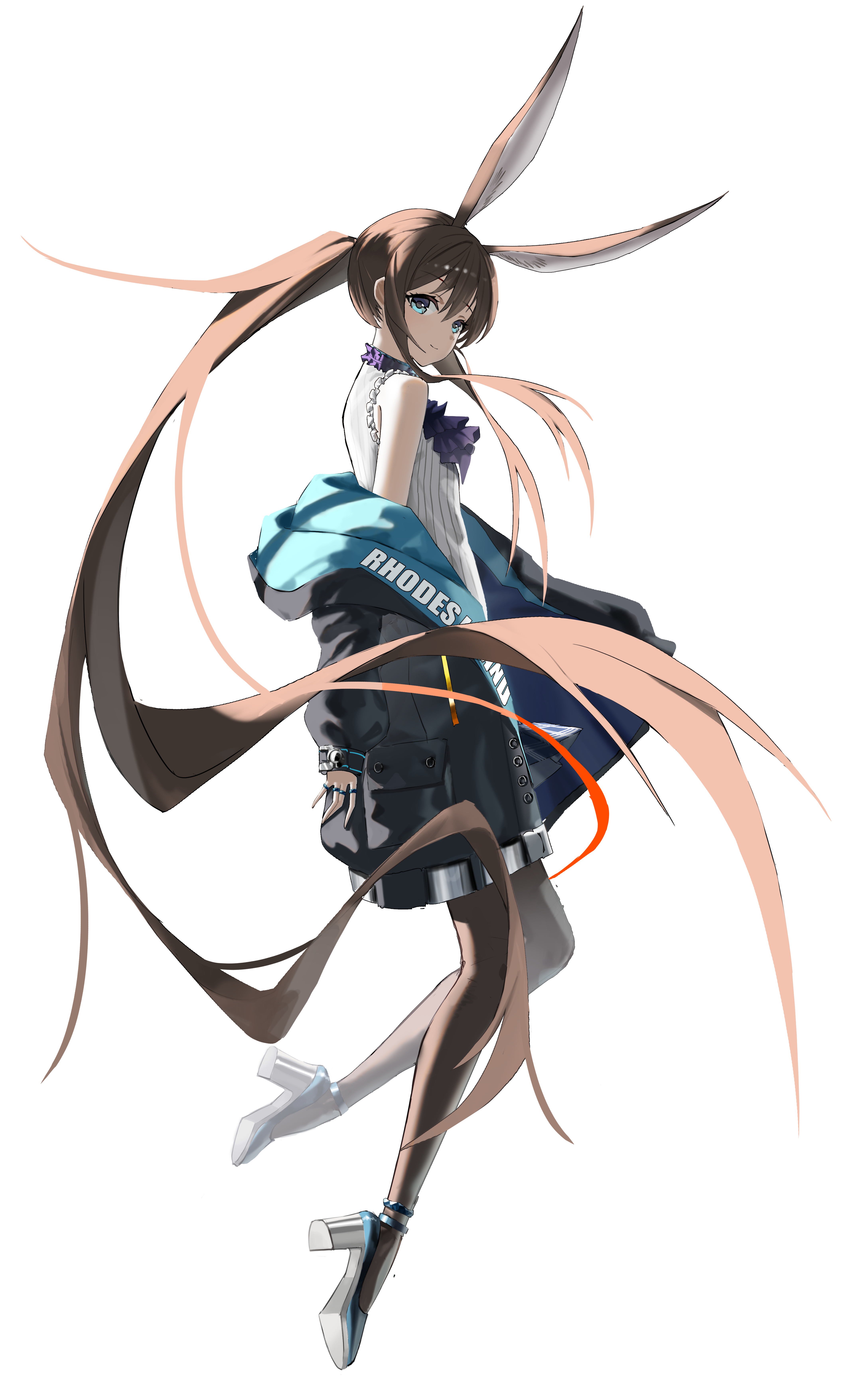 hxbdzj, amiya (arknights), arknights, absurdres, highres, 1girl, animal ear fluff, animal ears, ascot, bare shoulders, black jacket, black pantyhose, black shoes, blue eyes, brown hair, closed mouth, extra ears, from side, hair between eyes, high heels, jacket, long hair, looking at viewer, open clothes, open jacket, pantyhose, purple ascot, rabbit ears, rabbit girl, shirt, shoes, sidelocks, sleeveless, sleeveless shirt, smile, solo, white background, white shirt