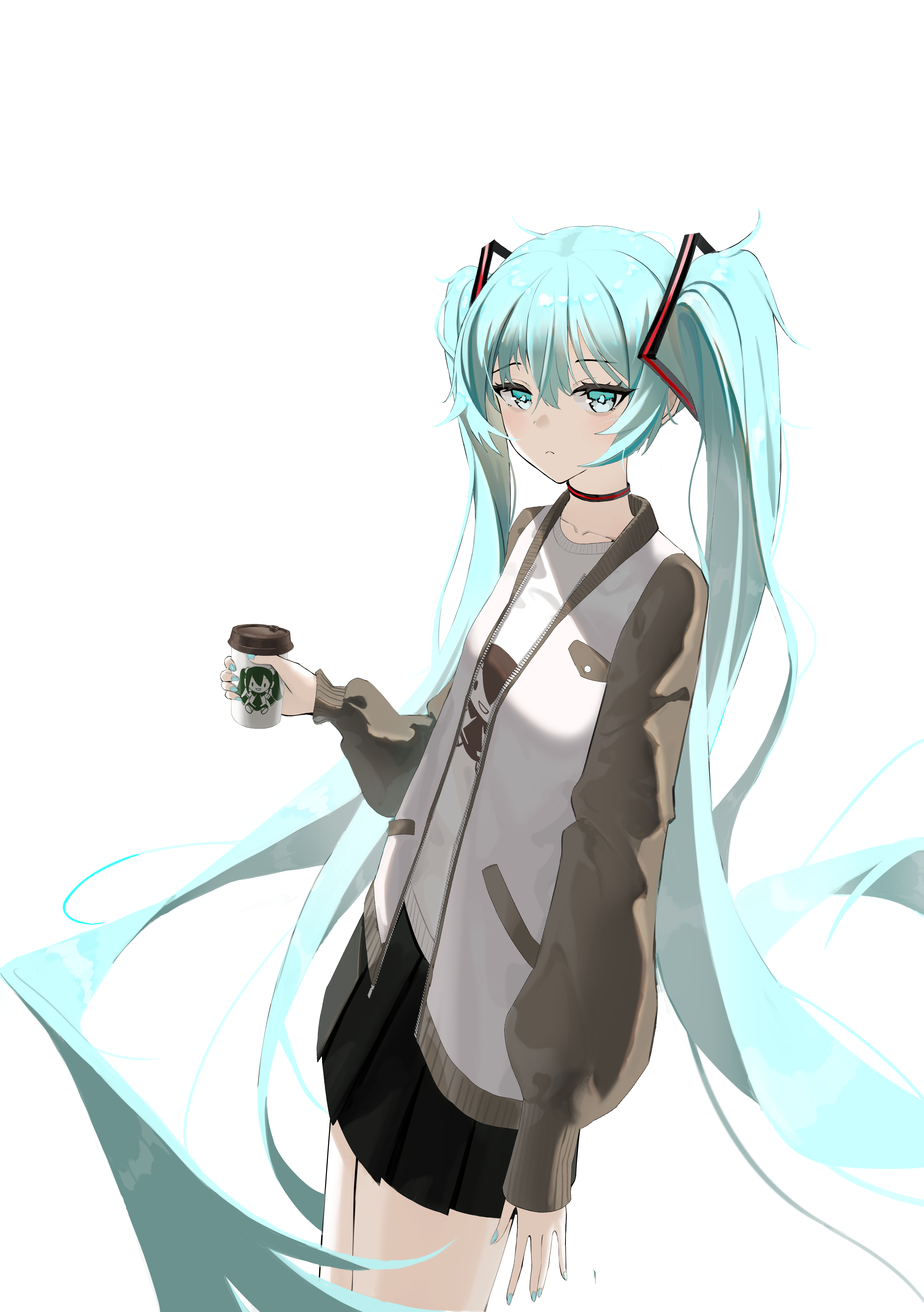 hxbdzj, hatsune miku, vocaloid, absurdres, highres, 1girl, absurdly long hair, aqua eyes, aqua hair, aqua nails, black skirt, blush, brown sleeves, closed mouth, cup, disposable coffee cup, disposable cup, hair between eyes, holding, holding cup, jacket, long hair, looking at viewer, open clothes, open jacket, pleated skirt, shirt, sidelocks, skirt, solo, twintails, very long hair, white jacket, white shirt