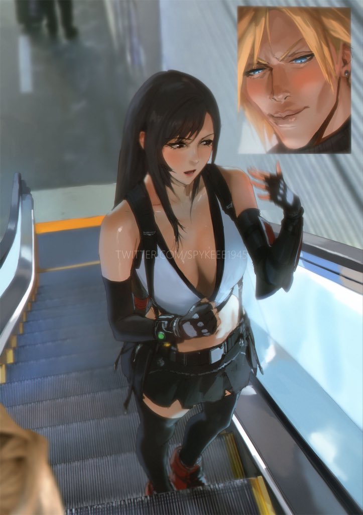 spykeee, cloud strife, tifa lockhart, final fantasy, final fantasy vii, final fantasy vii remake, 1boy, 1girl, accidental exposure, accidental pervert, black eyes, black gloves, black hair, black skirt, black thighhighs, blonde hair, blue eyes, breasts, cleavage, collarbone, escalator, fanning self, fingerless gloves, from above, gloves, hot, large breasts, materia, miniskirt, open mouth, skirt, solo focus, standing, suspender skirt, suspenders, thighhighs