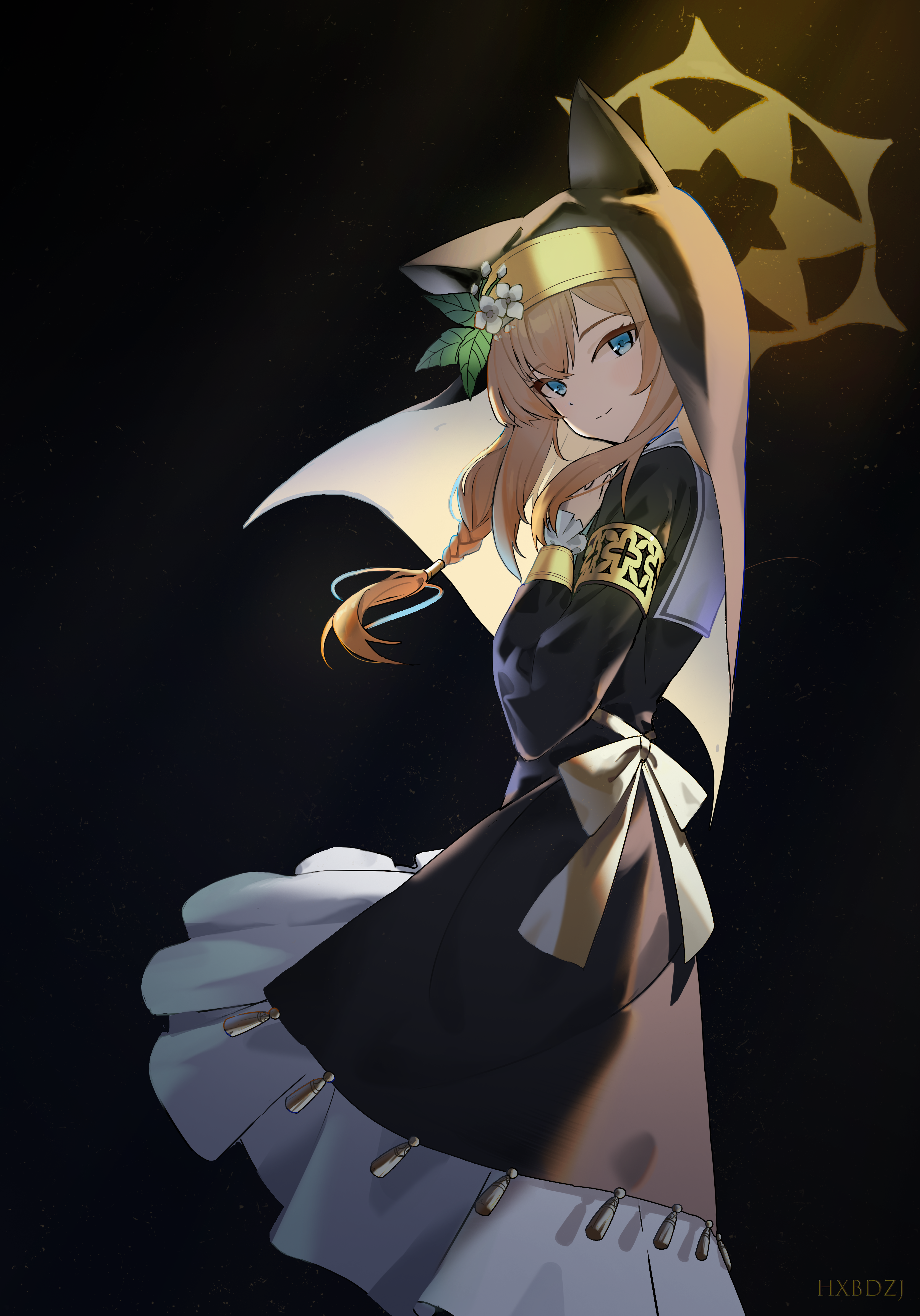 hxbdzj, mari (blue archive), blue archive, absurdres, highres, 1girl, animal ears, black jacket, black veil, blue eyes, blush, braid, closed mouth, flower, from side, hair flower, hair ornament, halo, jacket, long hair, looking at viewer, nun, orange hair, sidelocks, single braid, skirt, smile, solo, veil, white flower, white skirt, yellow halo