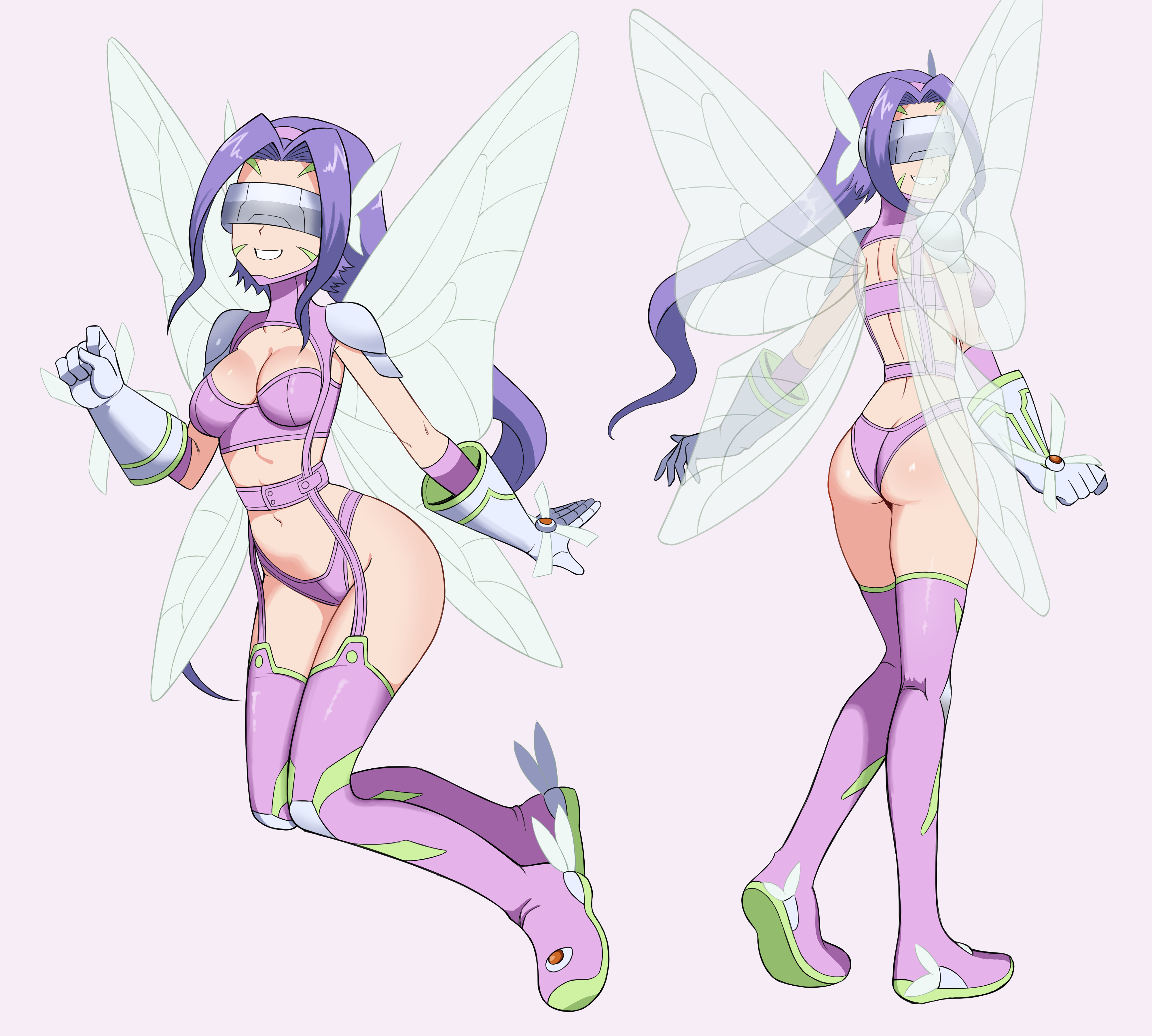 ganzzzo, fairimon, digimon, absurdres, commentary, commission, highres, 1girl, arm warmers, ass, back, belt, bikini, boots, breasts, butt crack, butterfly hair ornament, butterfly wings, cleavage, clenched hand, covered eyes, digimon (creature), elbow gloves, facial mark, floating hair, full body, garter straps, gloves, grey background, grey gloves, grin, groin, hair ornament, hairband, head-mounted display, insect wings, long hair, medium breasts, multiple views, navel, parted bangs, purple arm warmers, purple belt, purple bikini, purple boots, purple hair, purple hairband, shoulder pads, simple background, skindentation, smile, standing, stomach, strapless, strapless bikini, swimsuit, thigh boots, wings