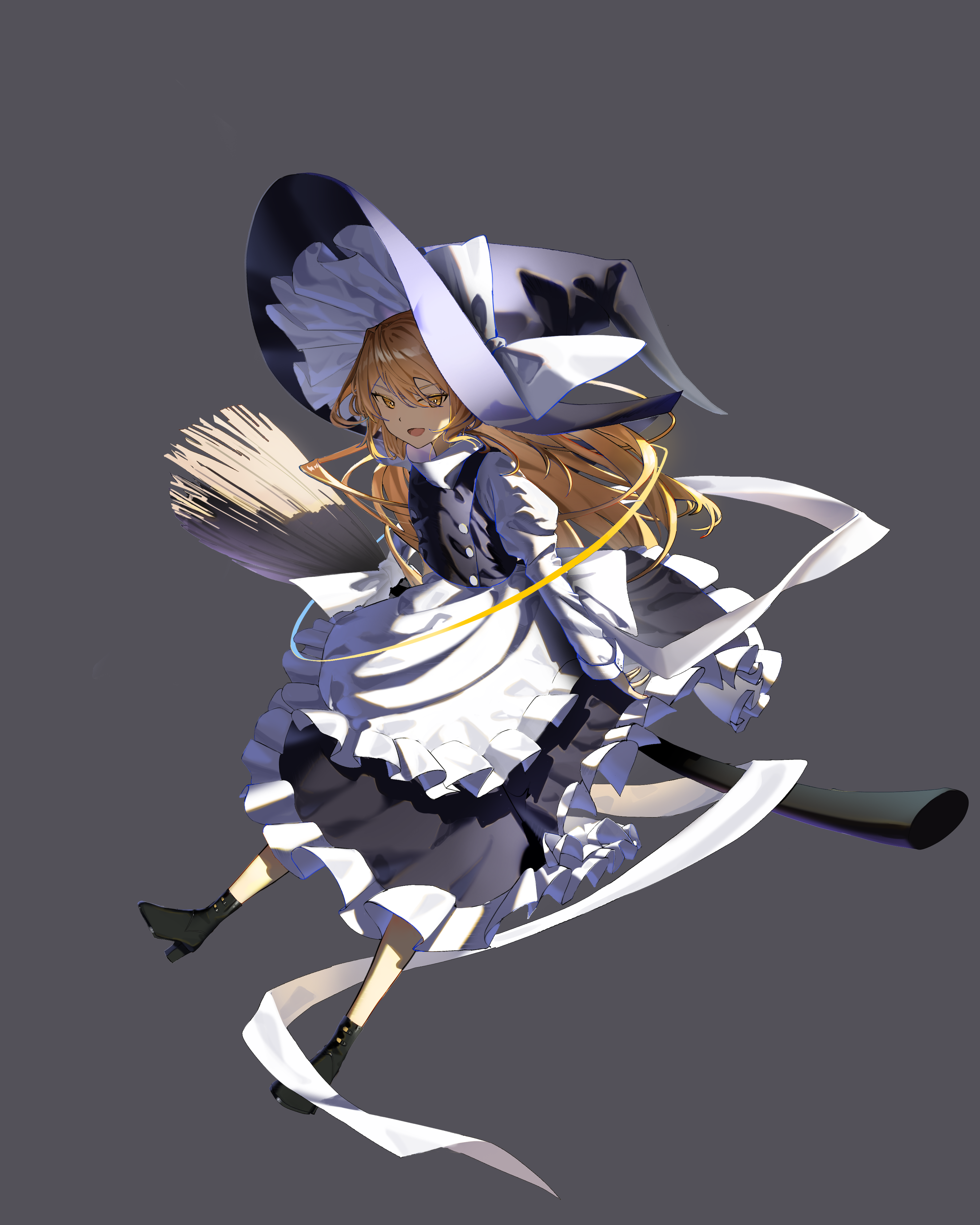 hxbdzj, kirisame marisa, touhou, absurdres, highres, 1girl, apron, black boots, black dress, black hat, blonde hair, blush, boots, broom, broom riding, dress, hair between eyes, hat, high heel boots, high heels, long hair, looking at viewer, open mouth, solo, white apron, witch, witch hat, yellow eyes