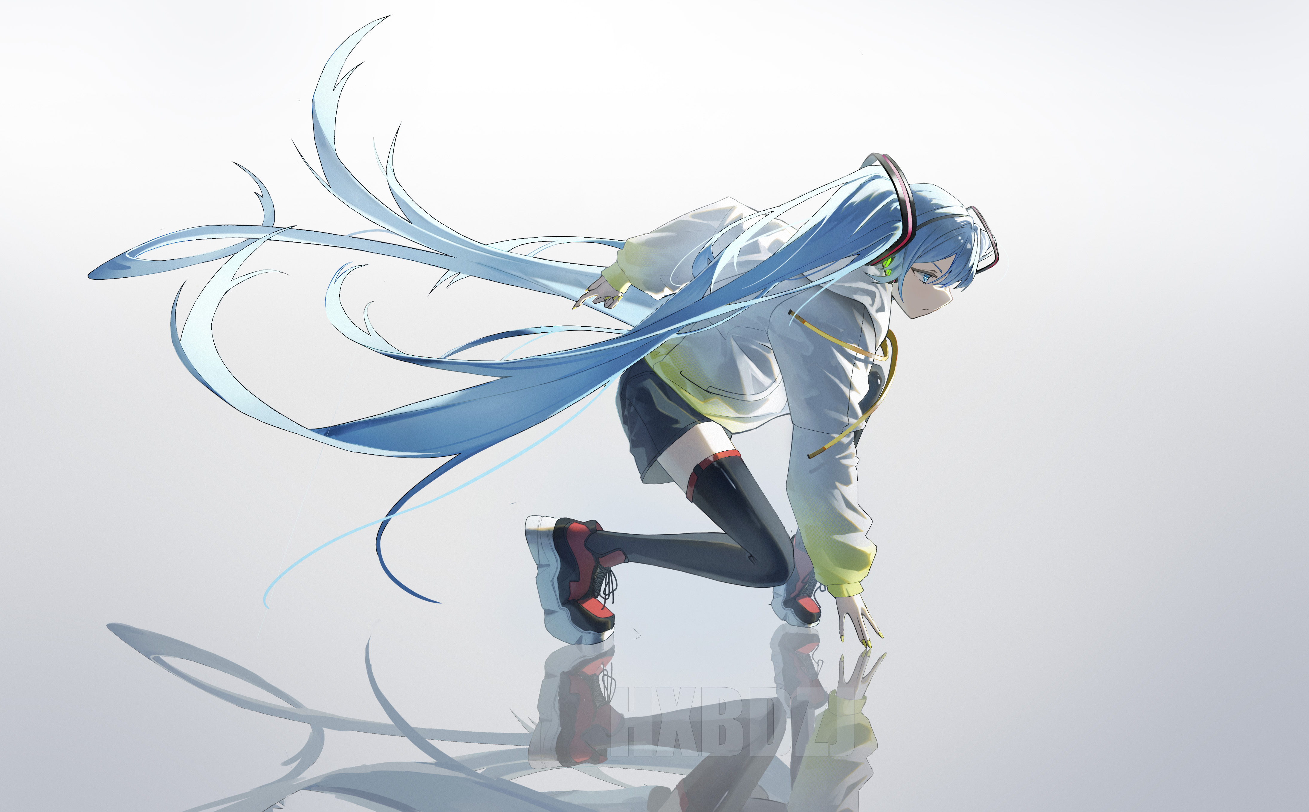 hxbdzj, hatsune miku, vocaloid, absurdres, highres, 1girl, black shorts, black thighhighs, blue eyes, blue hair, closed mouth, from side, jacket, long hair, looking ahead, red shoes, shoes, shorts, sneakers, solo, thighhighs, twintails, white jacket