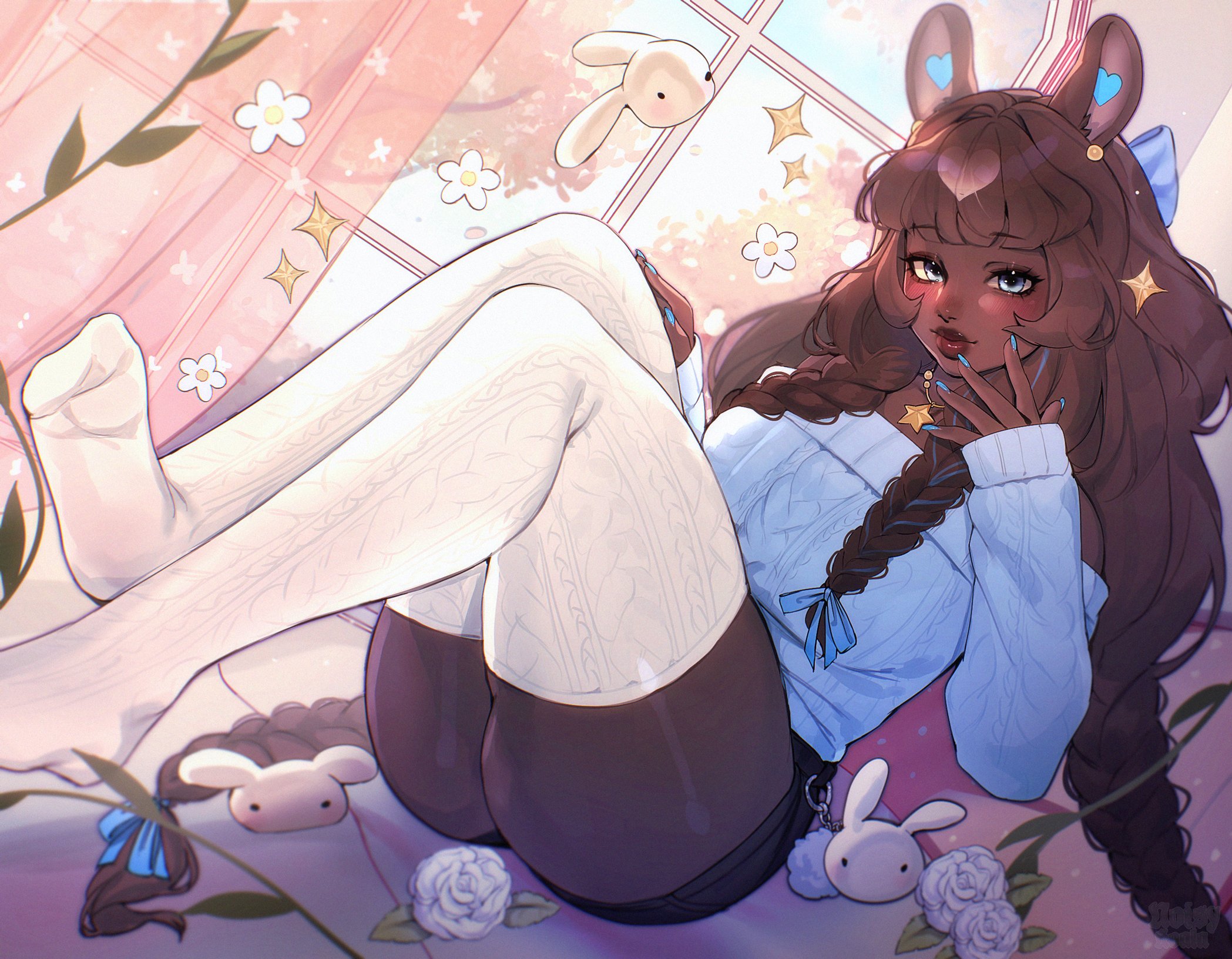 noisykoala, original, commentary, commission, english commentary, highres, 1girl, animal earrings, animal ears, artist name, ass, belt charm, black shorts, blue bow, blue eyes, blue nails, blue ribbon, blue sweater, blurry, bow, braid, breasts, brown hair, brown lips, chamomile, charm (object), closed mouth, curtains, dark skin, depth of field, earrings, eyelashes, feet, film grain, floating, floating flowers, floating object, flower, four-pointed star, gold earrings, gold necklace, hair bow, hair ornament, hair ribbon, hand on own thigh, indoors, jewelry, knees up, knit sweater, knit thighhighs, large breasts, light blush, long hair, low-braided long hair, low-tied long hair, multiple braids, nail polish, necklace, off-shoulder sweater, off shoulder, quad braids, rabbit ears, rabbit girl, ribbon, ribbon braid, rose, see-through curtains, shadow, short eyebrows, shorts, sitting, sleeves past wrists, star (symbol), star hair ornament, star necklace, stuffed animal, stuffed rabbit, stuffed toy, sweater, thick lips, thick thighs, thighhighs, thighs, very long hair, white flower, white rose, white thighhighs, willow, window