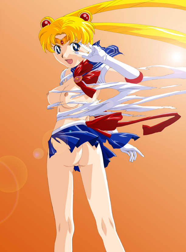 matsu shuuichi, sailor moon, tsukino usagi, bishoujo senshi sailor moon, tagme, 1990s (style), 1girl, ass, blonde hair, blue eyes, breasts, circlet, dissolving clothes, elbow gloves, female focus, gloves, long hair, nipples, retro artstyle, solo, torn clothes, v