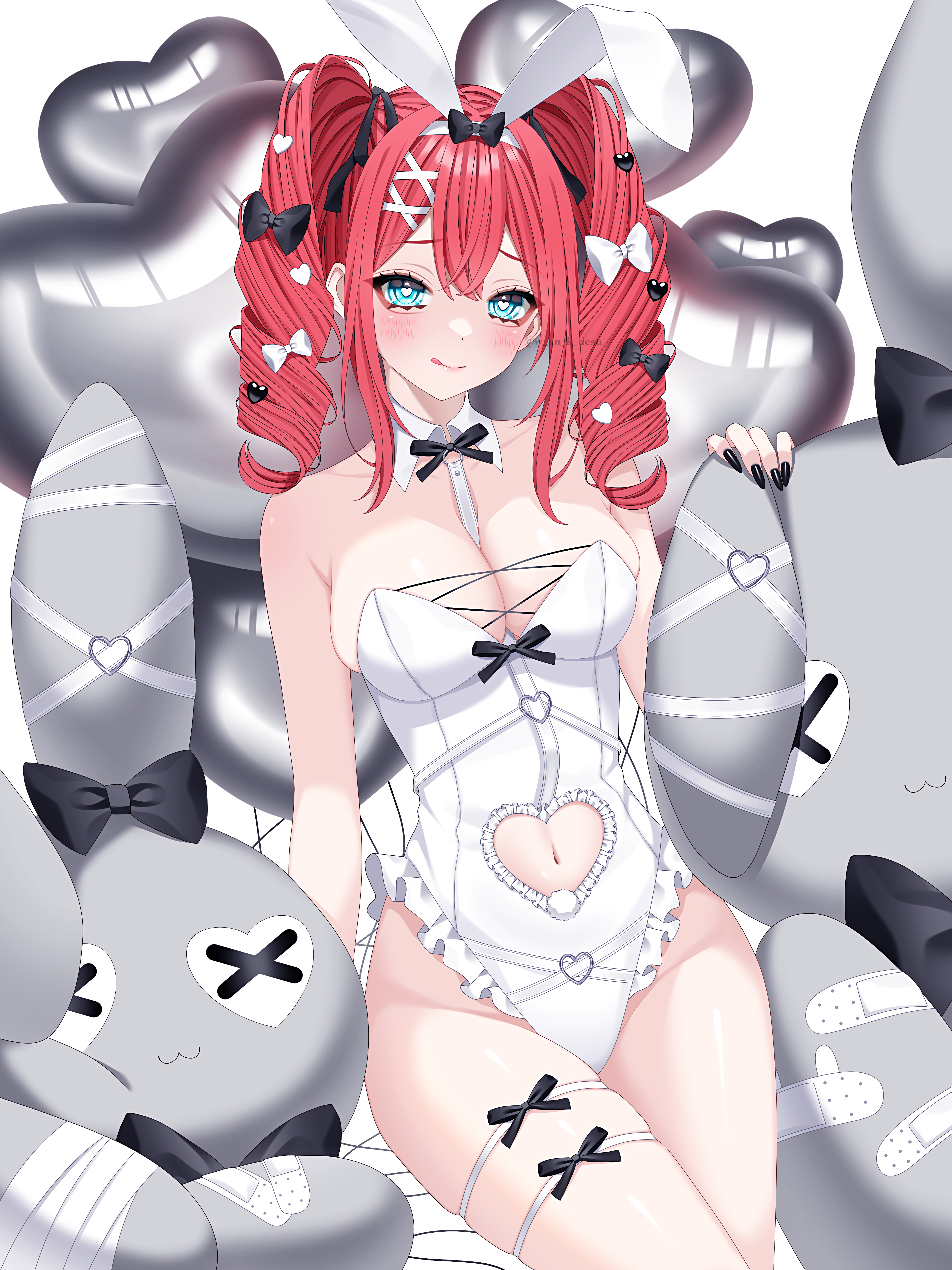 wanko (yurika0320), original, absurdres, commentary, highres, symbol-only commentary, 1girl, :q, animal ear hairband, animal ears, aqua eyes, balloon, black bow, black nails, black ribbon, bow, breasts, cleavage, clothing cutout, collar, cowboy shot, dark skin, detached collar, double-parted bangs, drill hair, eyelashes, fake animal ears, frilled leotard, frills, hair bow, hair ornament, hair ribbon, hairband, heart, heart-shaped pupils, heart balloon, heart cutout, heart hair ornament, leotard, medium breasts, medium hair, nail polish, navel, navel cutout, playboy bunny, rabbit ear hairband, rabbit ears, ribbon, sidelocks, stuffed animal, stuffed rabbit, stuffed toy, symbol-shaped pupils, thigh strap, thighs, tongue, tongue out, twin drills, twintails, white collar, white leotard, white straps, x hair ornament