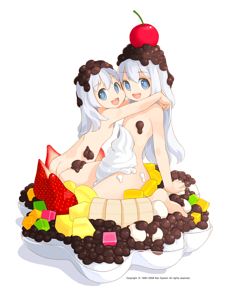 ran system, copyright request, 2girls, barefoot, blue eyes, cherry, dessert, feet, food, fruit, ice cream, in food, loli, mini person, minigirl, multiple girls, smile, strawberry, sundae, whipped cream, white hair