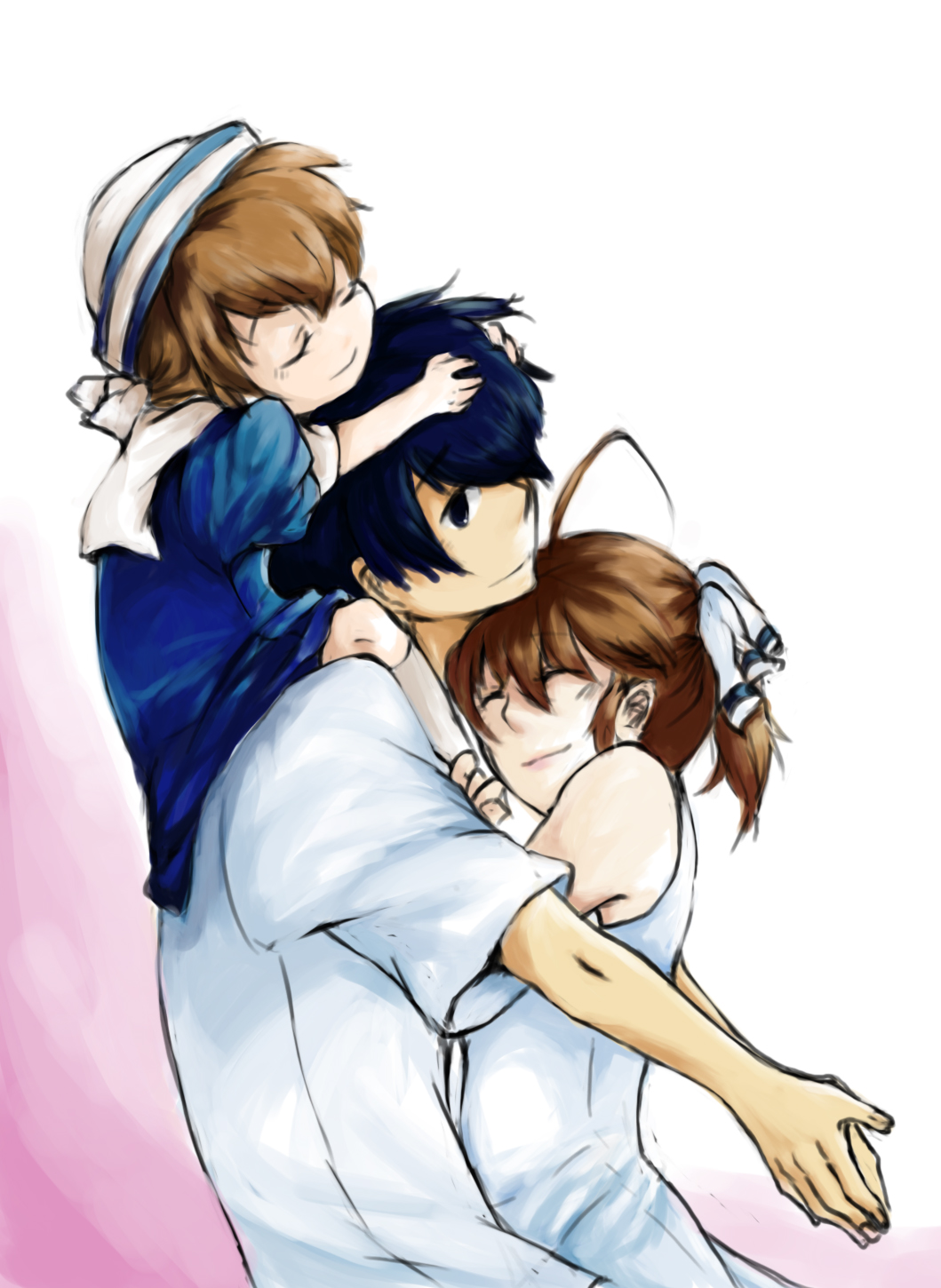 liadne, furukawa nagisa, okazaki tomoya, okazaki ushio, clannad, bad id, bad pixiv id, highres, 00s, 1boy, 2girls, blue hair, brown hair, carrying, dixie cup hat, dress, family, father and daughter, hat, husband and wife, military hat, mother and daughter, multiple girls, ponytail, sailor dress, school uniform, short hair, shoulder carry