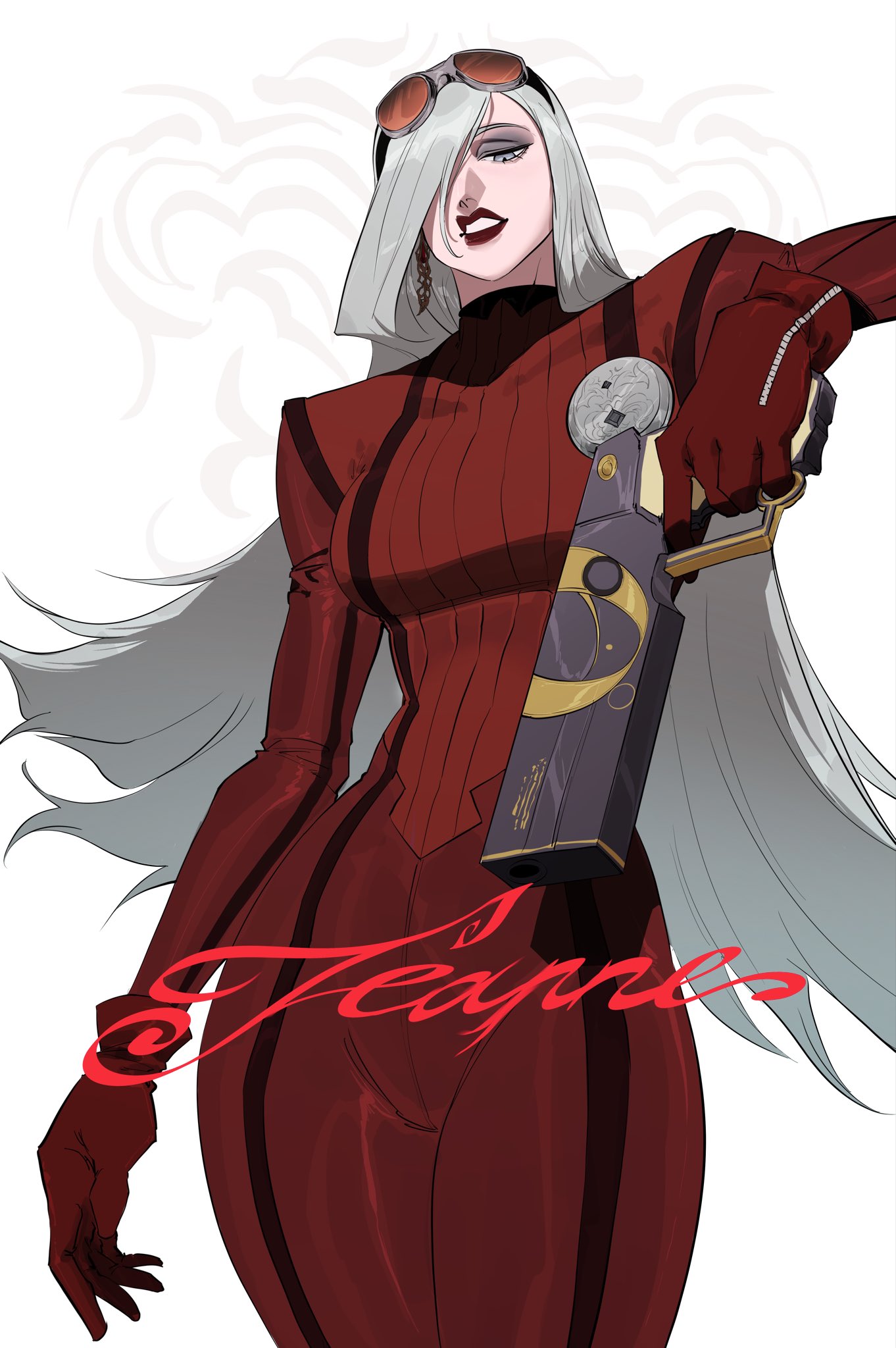 omegaa 7, jeanne (bayonetta), bayonetta (series), bayonetta 2, highres, 1girl, all 4 one (bayonetta), blue eyes, bodysuit, character name, cowboy shot, earrings, eyeshadow, eyewear on head, glasses, gloves, gun, hair over one eye, holding, holding gun, holding weapon, jewelry, lipstick, long hair, looking down, makeup, parted lips, red bodysuit, red gloves, red lips, solo, very long hair, weapon, white background, white hair