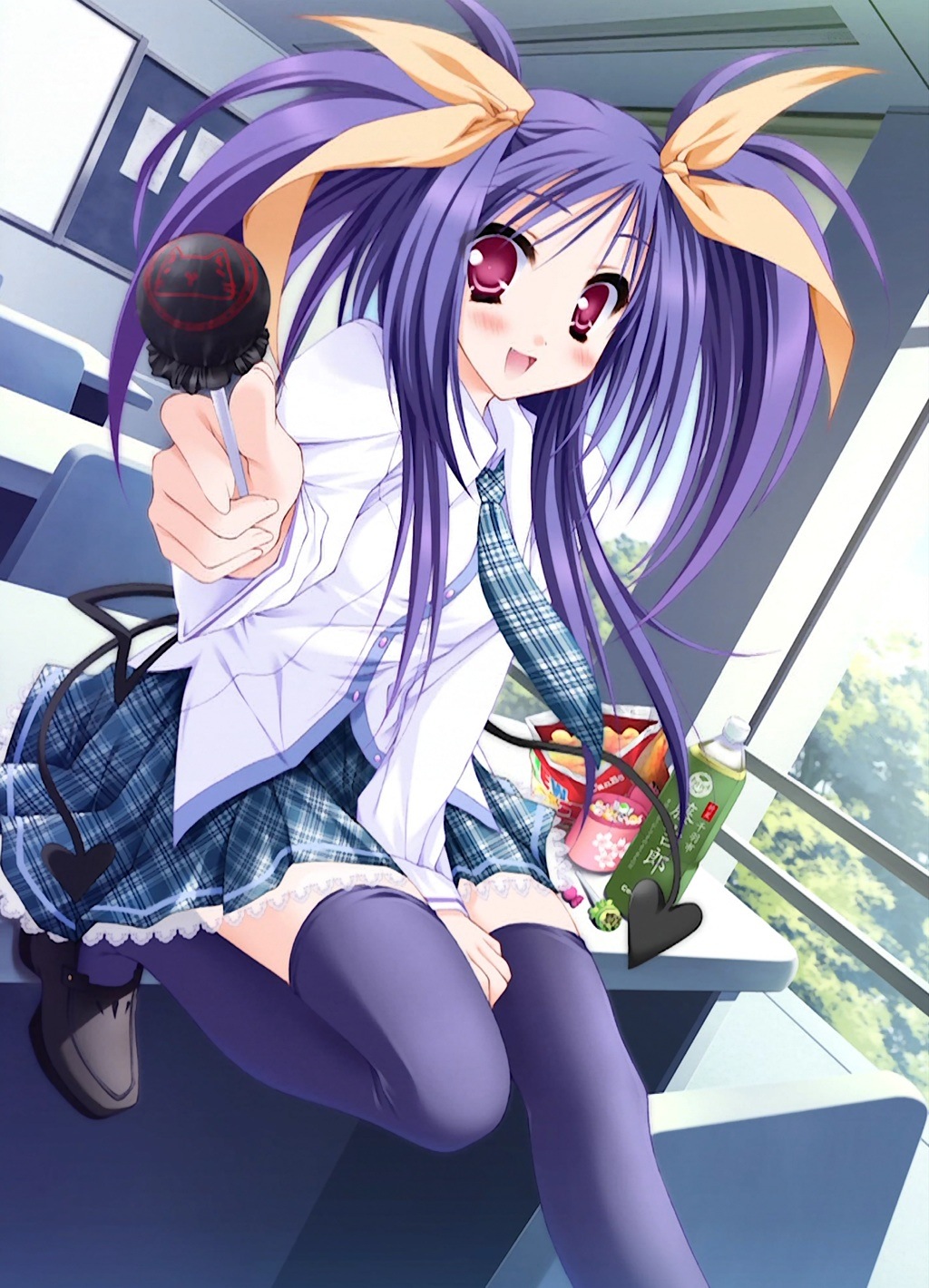 moekibara fumitake, kawai ameri, tayutama, plaid neckwear, highres, 00s, 1girl, :d, blue hair, bottle, candy, demon tail, fang, female focus, food, hair ribbon, lace, lollipop, long hair, looking at viewer, necktie, open mouth, plaid clothes, plaid necktie, plaid skirt, purple eyes, ribbon, shirt, sitting, skirt, smile, solo, tail, thighhighs, zettai ryouiki