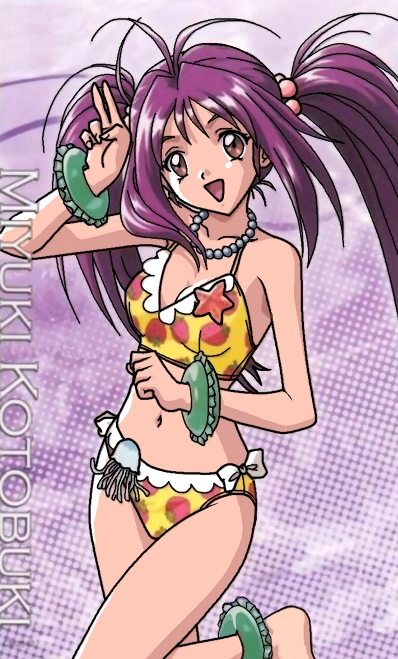 kotobuki miyuki, tokimeki memorial, tokimeki memorial 2, 1girl, bikini, brown eyes, character name, female focus, open mouth, purple background, purple hair, solo, swimsuit, twintails, yellow bikini