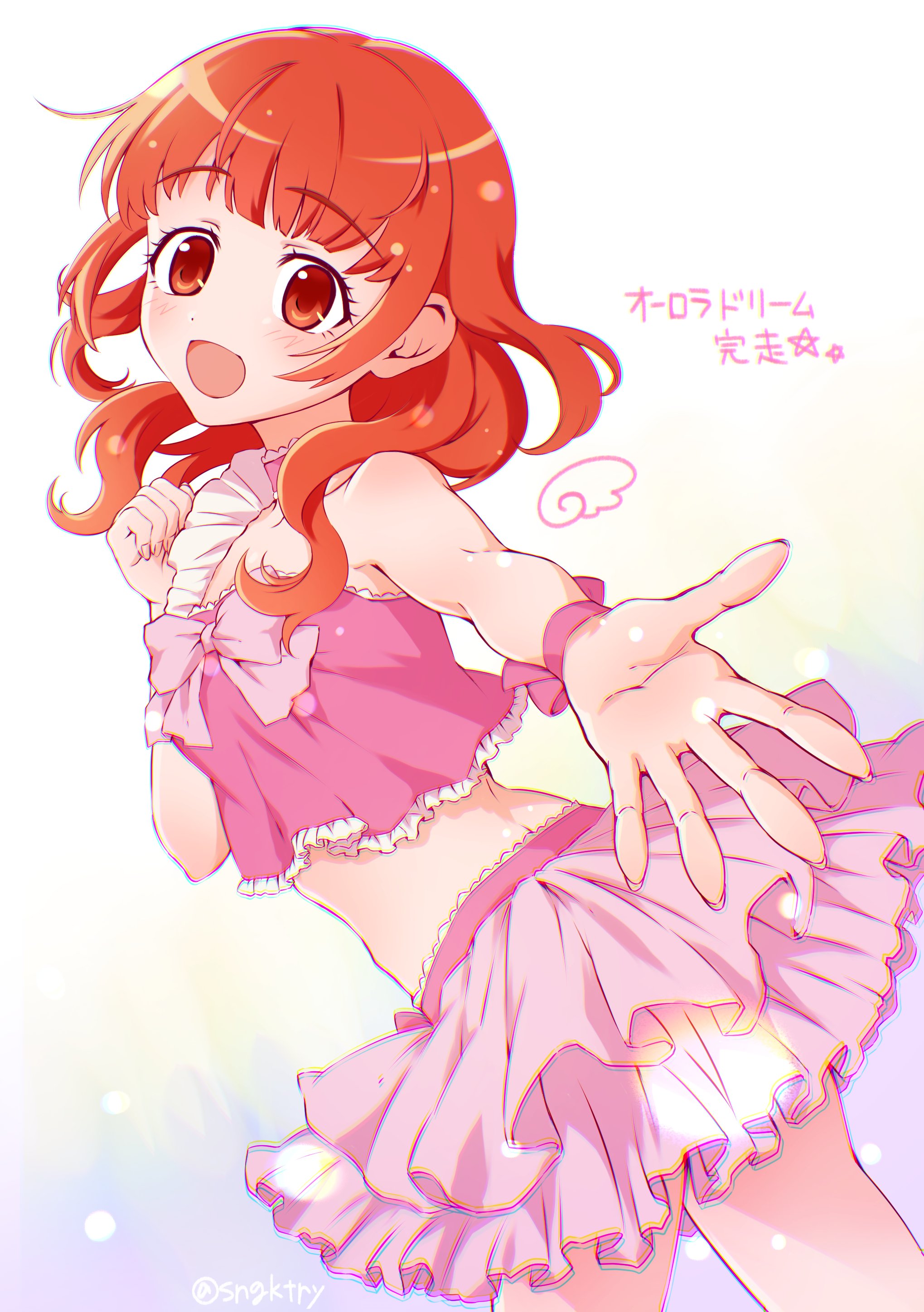 sengokutoroya, harune aira, pretty rhythm, pretty rhythm aurora dream, pretty series, absurdres, commentary request, highres, translation request, 1girl, :d, blunt bangs, brown eyes, cowboy shot, cropped shirt, from side, hand up, idol clothes, layered skirt, long hair, looking at viewer, miniskirt, navel, open mouth, orange hair, outstretched arm, pink shirt, pink skirt, reaching, reaching towards viewer, shirt, skirt, sleeveless, sleeveless shirt, smile, solo, standing