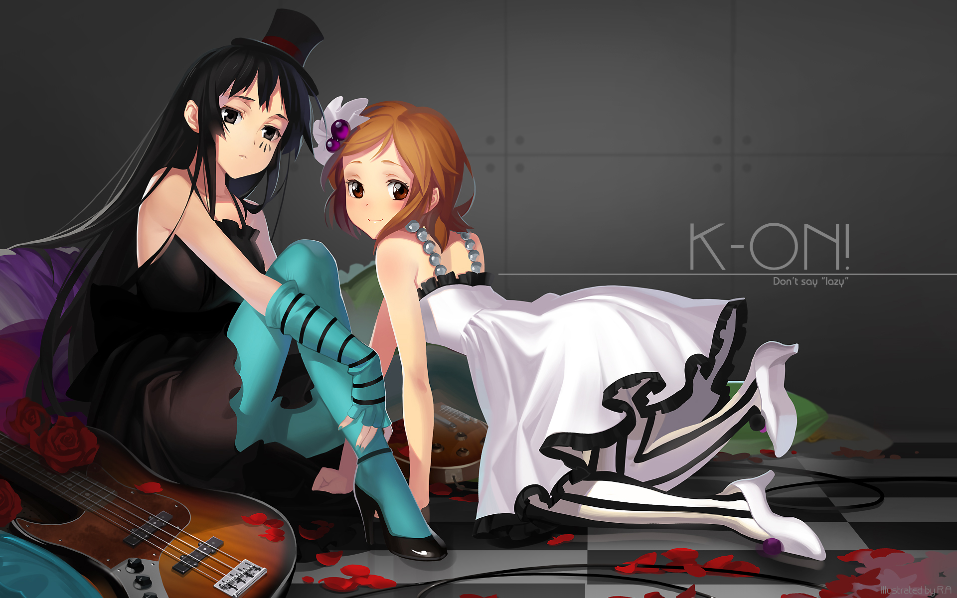 alphonse (white datura), akiyama mio, hirasawa yui, don't say "lazy", k-on!, striped legwear, vertical-striped legwear, bad id, bad pixiv id, highres, 00s, 2girls, all fours, black & white, black eyes, black hair, blue pantyhose, brown eyes, brown hair, checkered floor, dress, elbow gloves, facepaint, fingerless gloves, floor, flower, gloves, guitar, hat, high heels, instrument, long hair, mini hat, mini top hat, multiple girls, pantyhose, patterned legwear, petals, rose, shoes, short hair, striped clothes, striped gloves, striped pantyhose, top hat, vertical-striped clothes, vertical-striped pantyhose