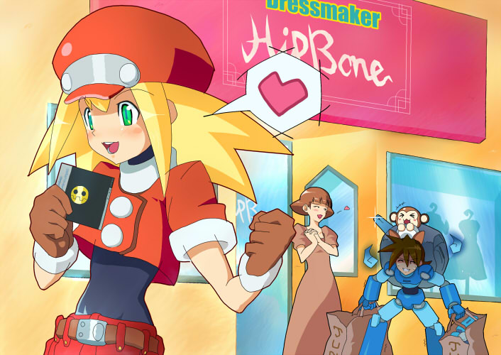 data (mega man), mega man volnutt, roll caskett (mega man), capcom, mega man (series), mega man legends, mega man legends (series), non-web source, bag, blonde hair, cd, gloves, green eyes, hat, heart, newsboy cap, shopping, smile