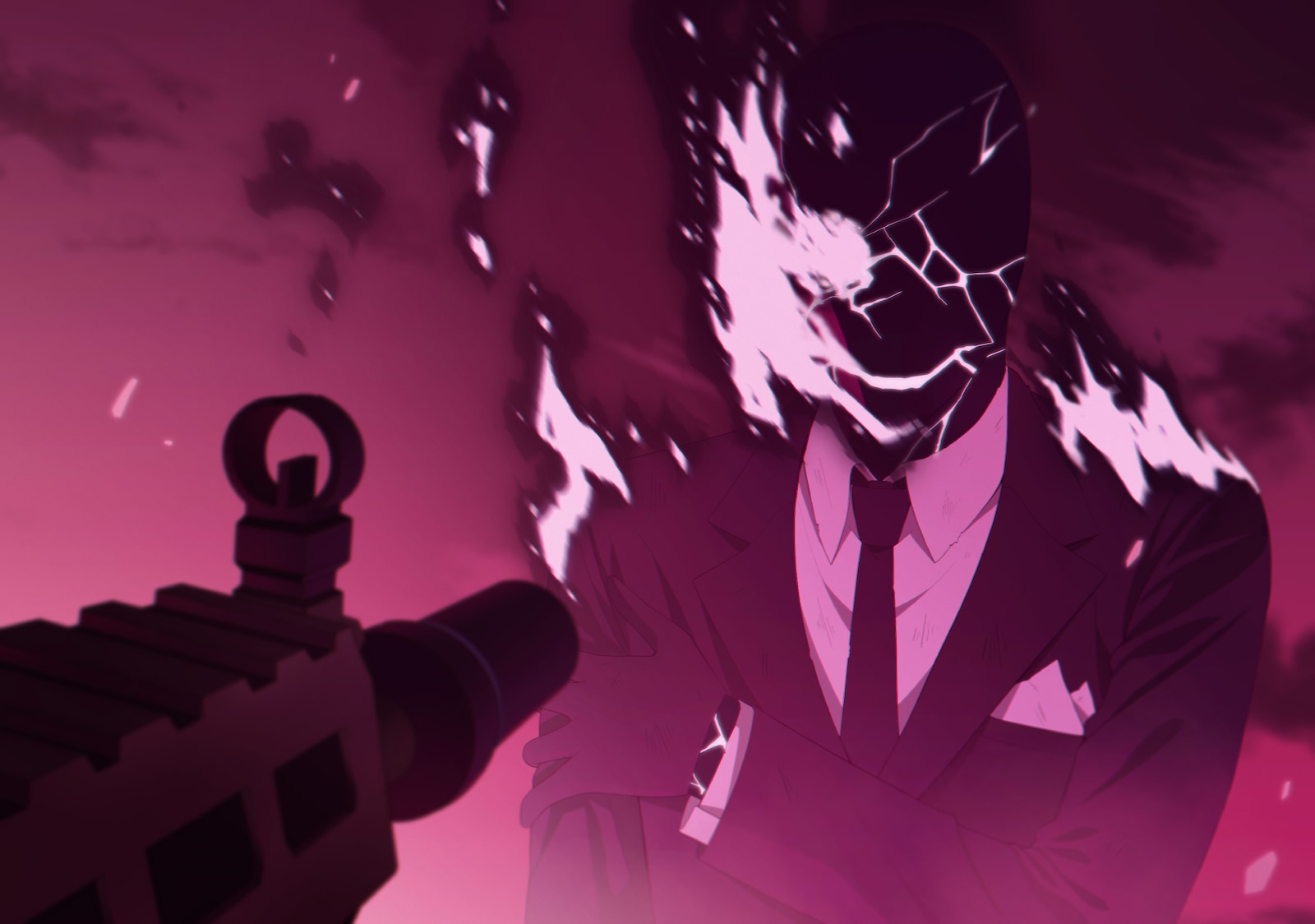 black suit (blue archive), shiroko terror (blue archive), blue archive, game cg, highres, non-web source, official art, spoilers, 1boy, 1girl, aiming, assault rifle, at gunpoint, bald, black gloves, black jacket, black necktie, black skin, black suit, burning clothes, collared shirt, colored skin, cracked skin, evil smile, flaming eye, formal clothes, gloves, glowing, glowing eye, gun, hand on own shoulder, jacket, male focus, necktie, one-eyed, red sky, rifle, shirt, sig sauer 556, sky, sleeves past wrists, smile, suit, suppressor, weapon, white eyes, white shirt