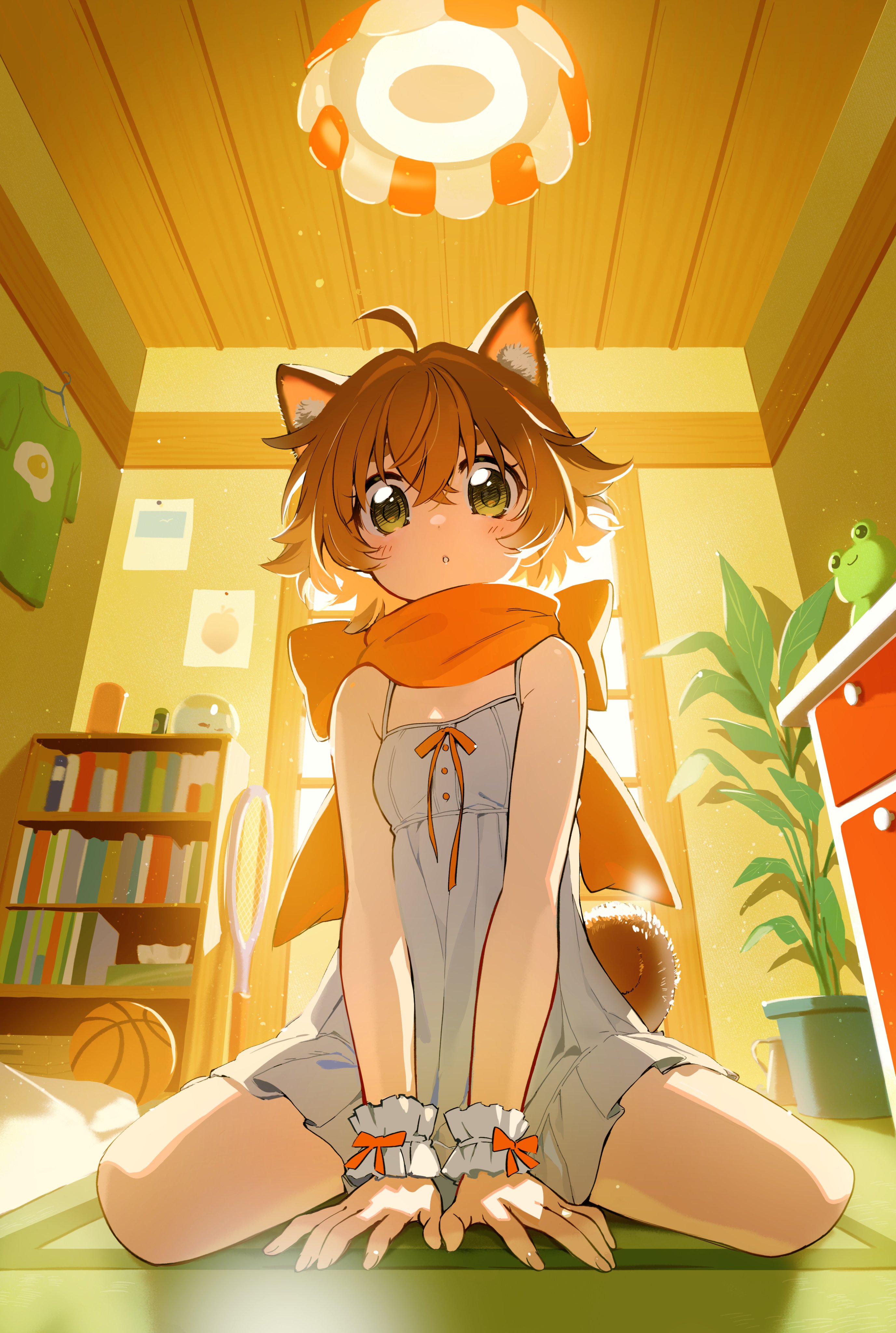 nikyuppa, original, absurdres, animal ear request, commentary, highres, 1girl, ahoge, animal ears, arms between legs, badminton racket, ball, basketball (object), bookshelf, breasts, brown hair, chandelier, chemise, frilled wrist cuffs, frills, from below, full body, green eyes, hair flaps, indoors, locker, looking at viewer, orange scarf, own hands together, plant, potted plant, racket, scarf, shirt, short hair, sidelocks, sitting, small breasts, solo, sunlight, surprised, tail, unworn shirt, wariza, white chemise, white wrist cuffs, wrist cuffs